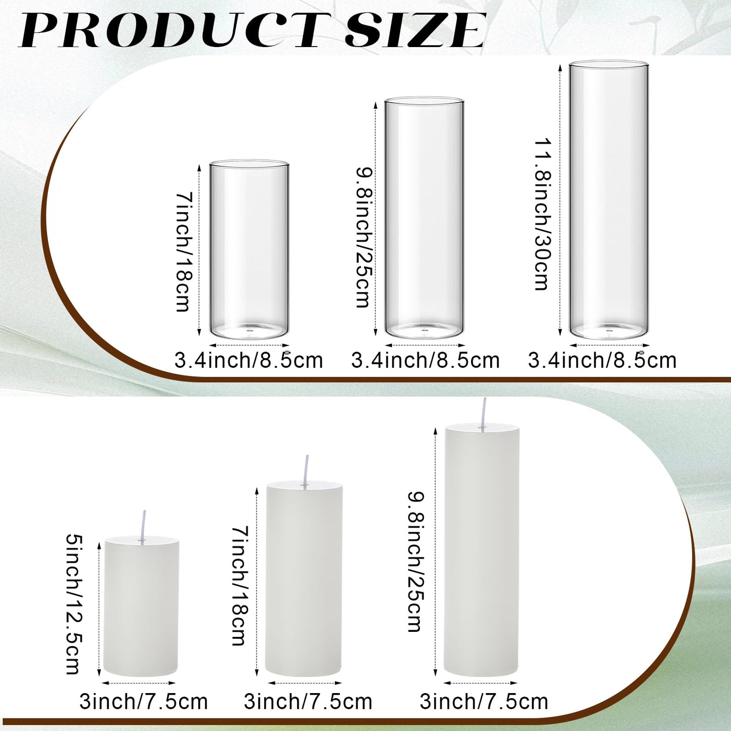 Shihanee Set of 3 Pillar Candles and 3 Glass Cylinder Candle Vases Holders Clear Pillar Jars for Wedding Centerpieces(3'' x 5.9'', 7.9'', 9.8'',Ivory White)