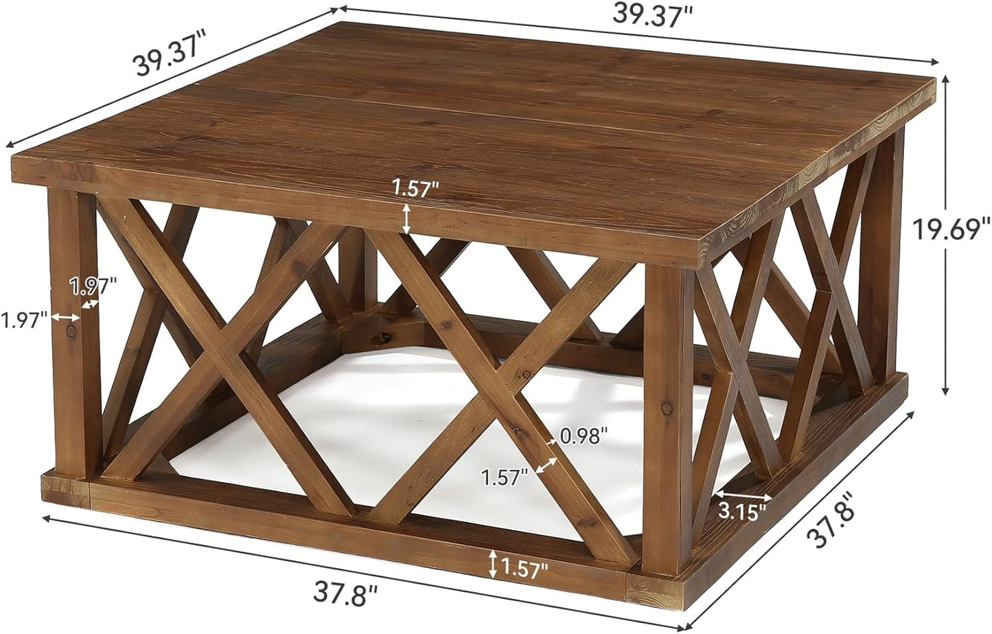 Solid Wood Coffee Table, 39.37-Inch Square Center Table with Reinforced X-Frame & Sturdy Base, Farmhouse Low Cocktail Tea Table for Living Room, Apartment, Office, Easy Assembly, Brown