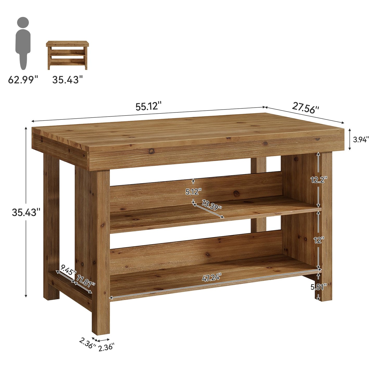 Solid Wood 55-Inch Bar Table, 3-Tier Farmhouse Home Bar Unit with Open Storage Shelves, Rectangular Counter Height Pub Dining Table for Kitchen, Dining Room, Living Room, Basement, Brown