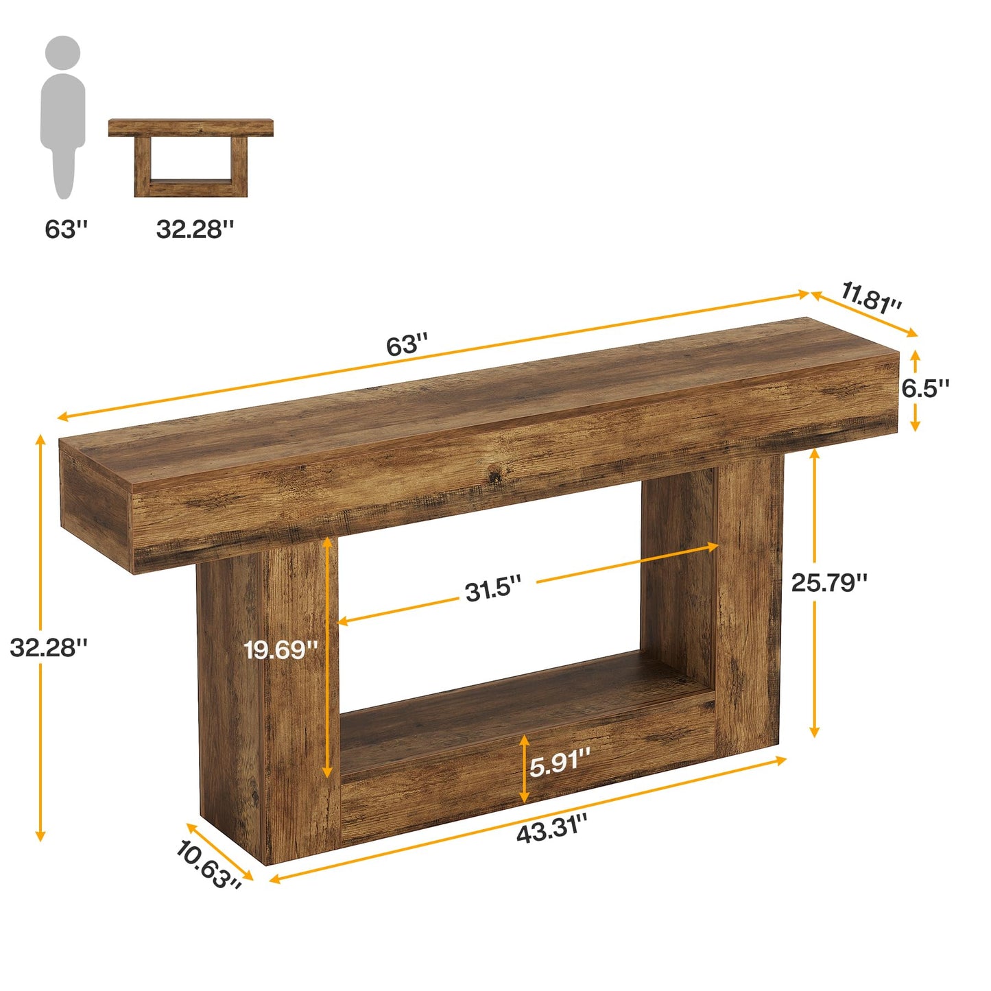 Tribesigns 63" Console Table, Farmhouse 2-Tier Entryway Table with U-Shaped Base, Narrow Long Wood Sofa Table Behind Couch Table for Living Room, Hallway, Foyer, Vintage Brown & Gray | Farmhouse
