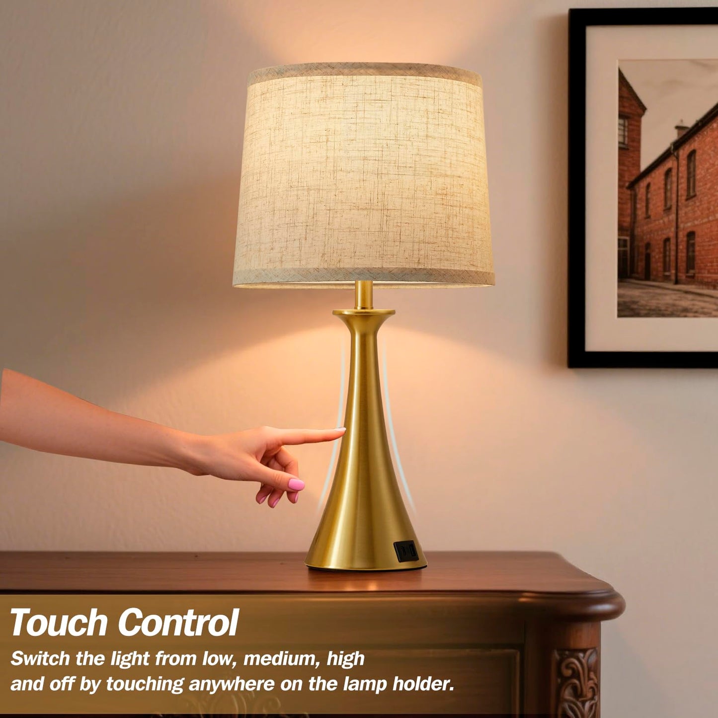 Touch Lamp for Living Room Bedroom, 21" Table Lamps Set of 2 with USB C+A Ports, Touch Bedside Lamps for Nightstand with 3 Way Dimmable, 2 LED Bulbs Included, Black