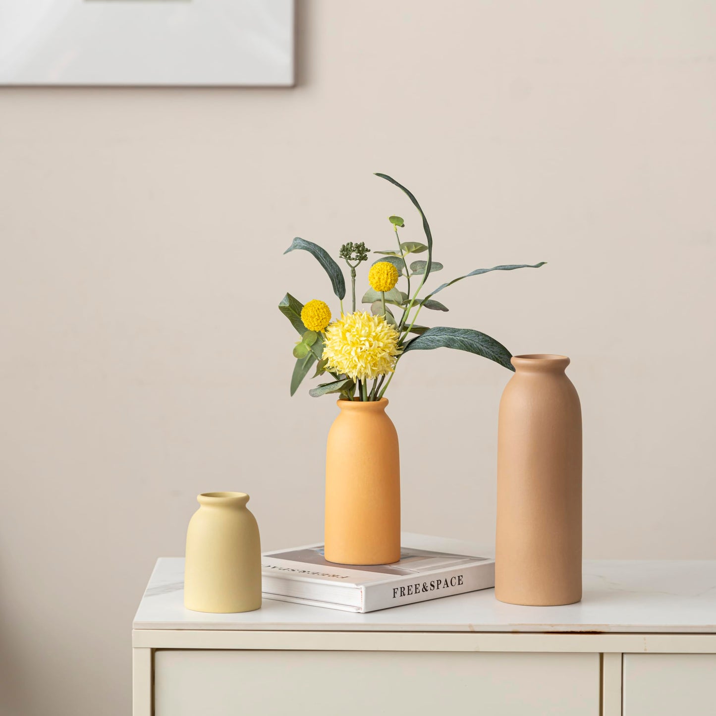 Ceramic Vase Set-3, Small Flower Vases for Decor, Modern Boho Farmhouse Style, Decorative Vases for Pampas Grass & Dried Flowers, Distressed Finish (Beige)