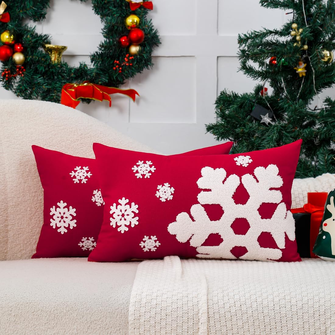 VAKADO Christmas Throw Pillow Covers 18x18 Set of 2 Embroidered Snowflake Decorative Xmas Cushion Cases Holiday Soft Home Decor for Bedroom Sofa Chair Porch Winter, Blue