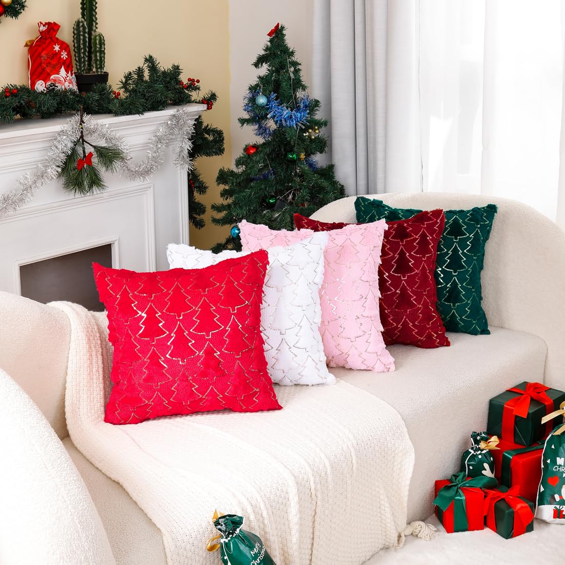 VAKADO Christmas Throw Pillow Covers 18x18 Set of 2 Embroidered Decorative Xmas Couch Cushion Cases Holiday Soft Home Decor for Bedroom Sofa Chair Porch Winter, Cream