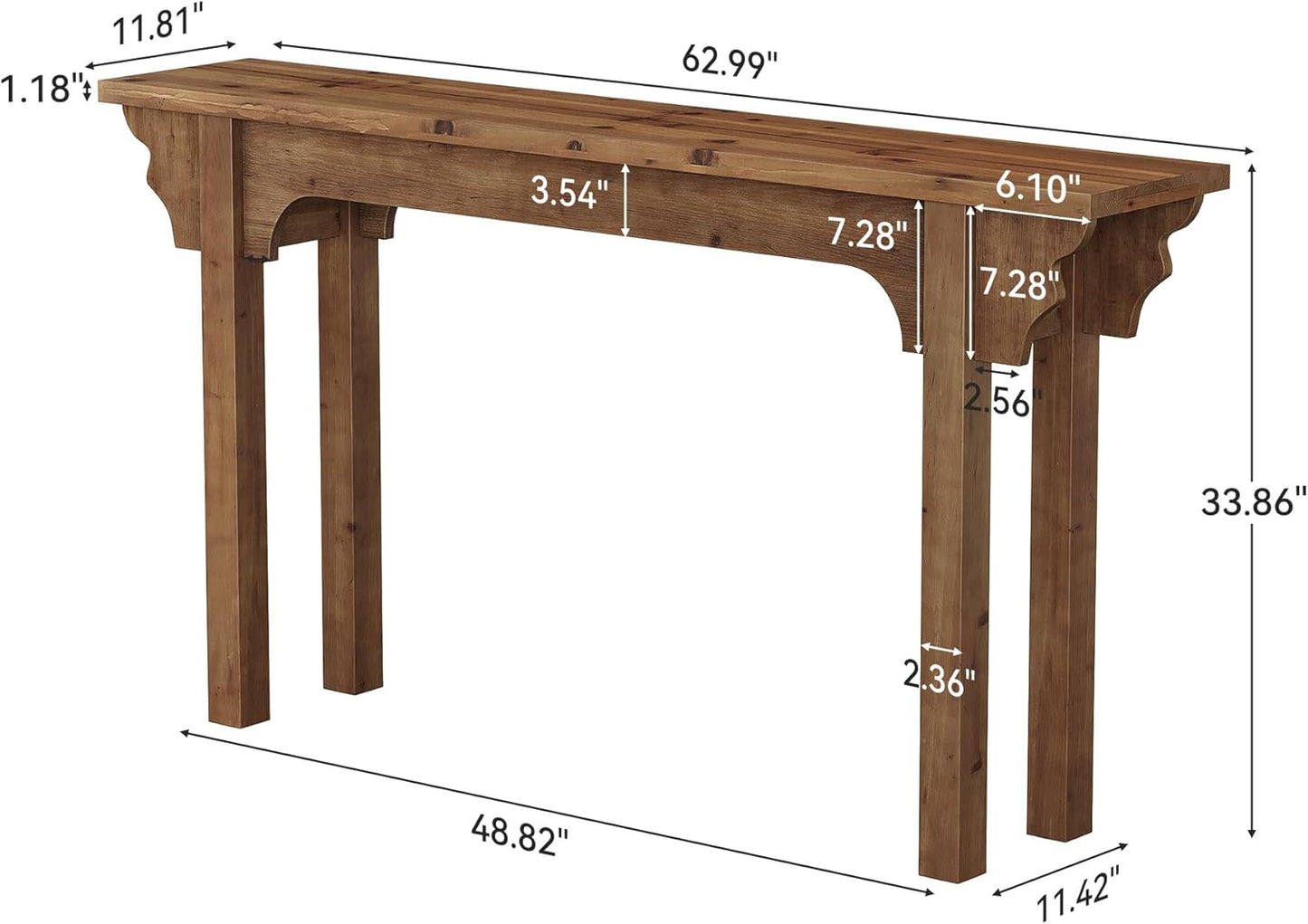 63" Solid Wood Console Table, Mid-Century Modern Entryway Table for Living Room, Hallway, Foyer