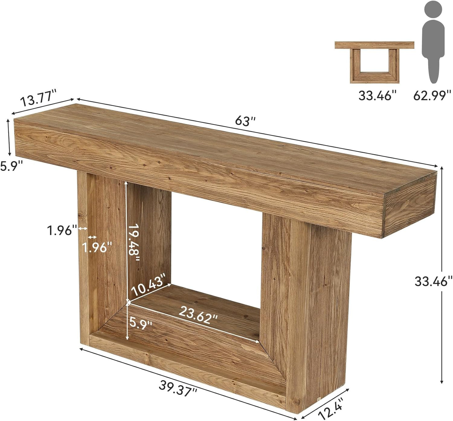 Wood Console Table, 63-Inch Farmhouse Entryway Table with Open Storage Shelf, Narrow Solid Wood Sofa Table Behind Couch for Living Room, Entrance, Foyer, Hallway, Natural