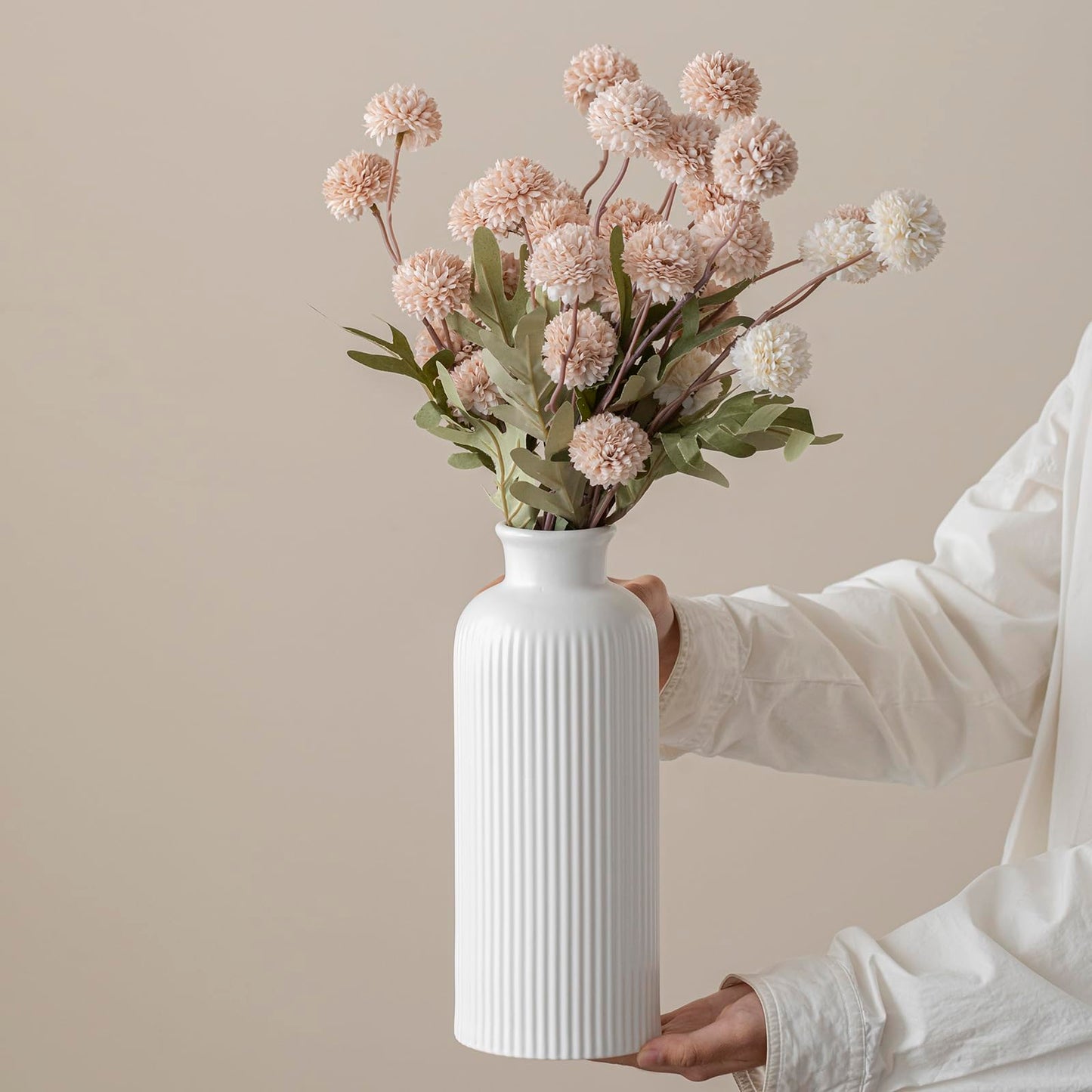 White Ribbed Ceramic Vase for Flowers, Modern Textured Decorative Vase, 10 Inch Tall, Farmhouse Style Home Decor (Matte Glaze White)