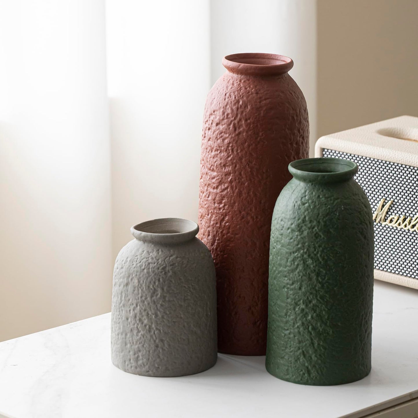 10.4 inches Tall Decorative Ceramic Vase Set, 3 Pieces, Nordic Modern Boho Style, White, Modern Farmhouse for Home Decor (Coffee Mix)