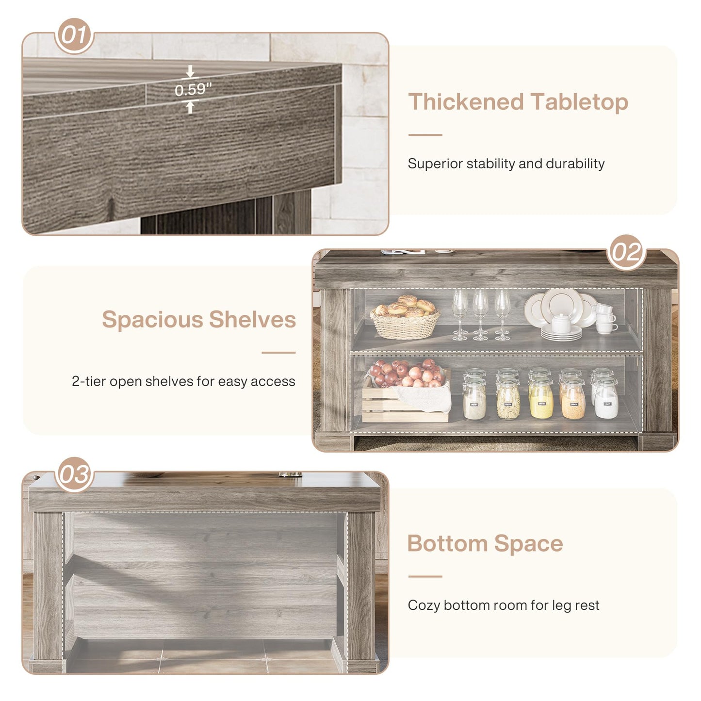 Tribesigns 55" Kitchen Island with Seating and Storage, 3-Tier Farmhouse Wood Stationary Island Table with Large Worktop & Leg Room, Coffee Bar Table with Storage Shelves for Kitchen, White and Brown