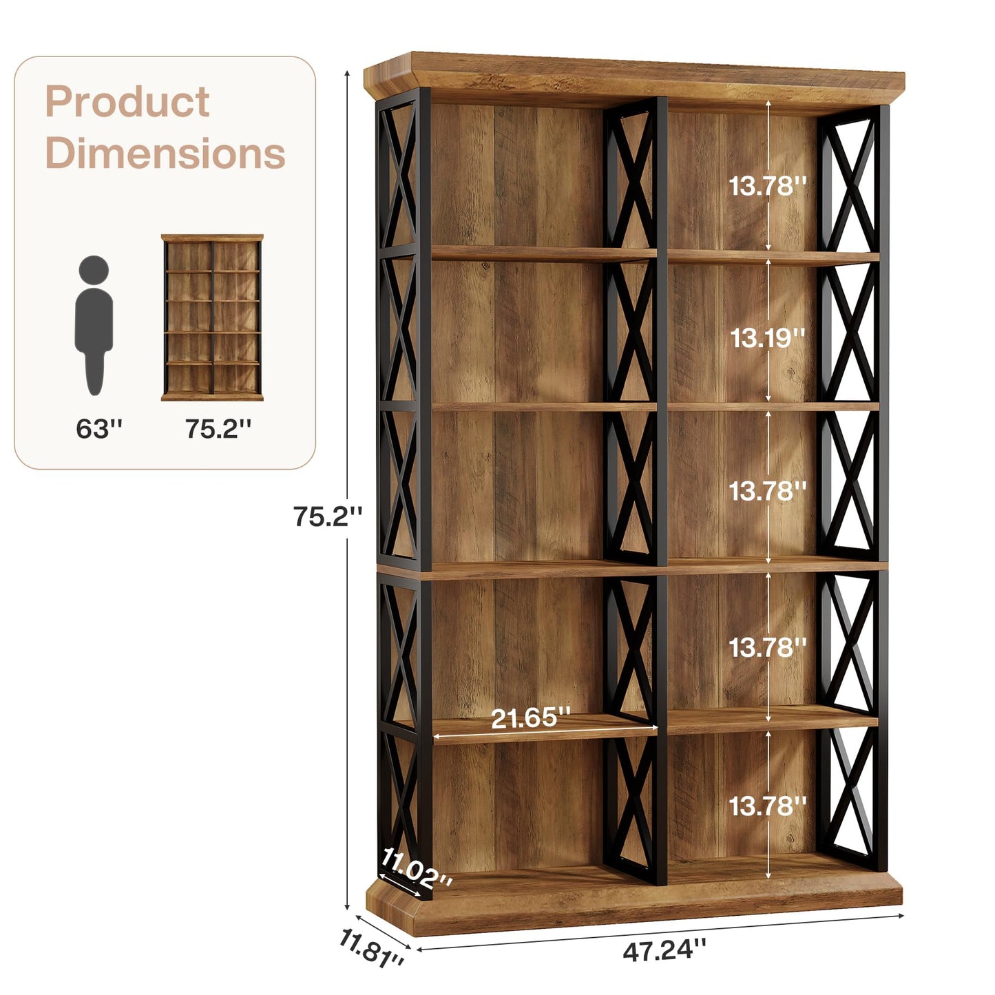 Tribesigns 75 Inch Tall Bookcase, Double Wide Bookshelves and Bookcase, 6-Tier Industrial Book Shelf 6 Shelf Display Storage Shelves for Home Office, Living Room, Bed Room