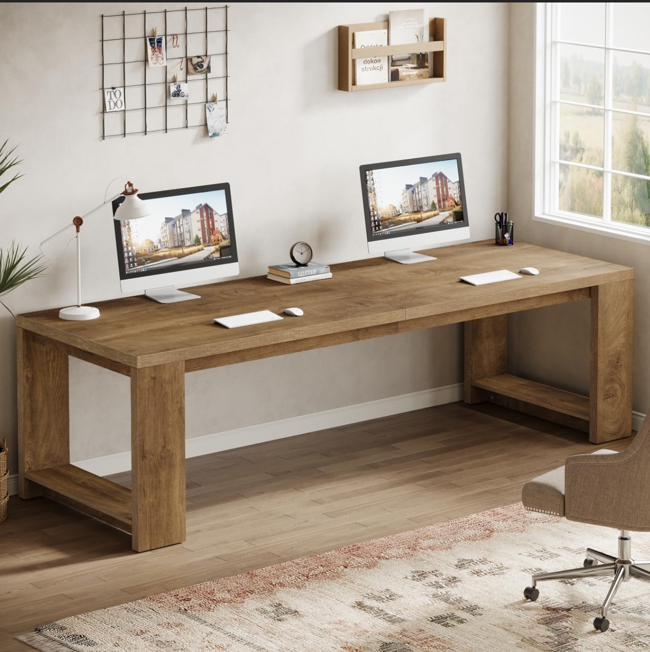 Tribesigns Two Person Desk, 86.6 Inches Extra Long Desk, Double Computer Writing Table, Wood Large Desks Workstation for Home Office, Natural Wood