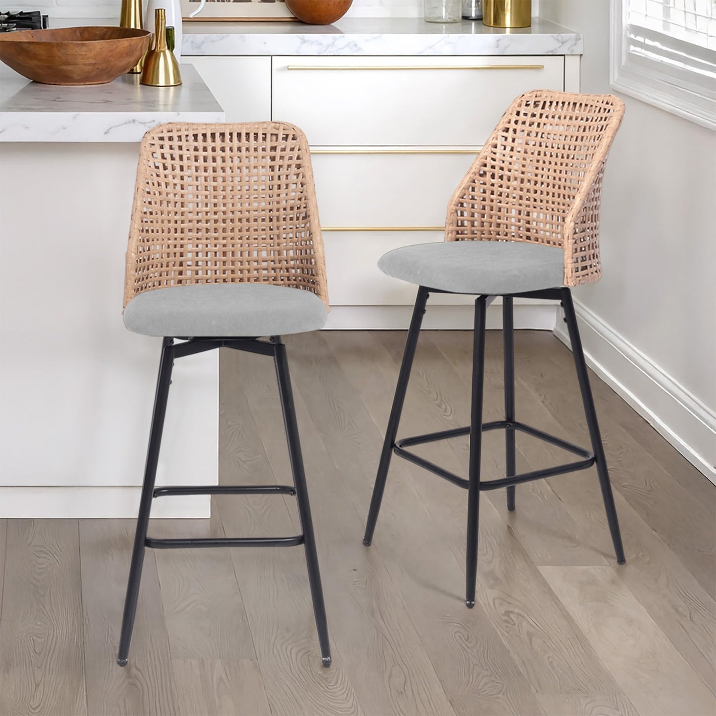 28.7" Swivel Bar Stools Set of 2, Mid Century Modern Counter Height Barstools with Rattan Backrest, Upholstered Chenille Armless Bar Chair Island Stools for Kitchen Island, Bar, Beige