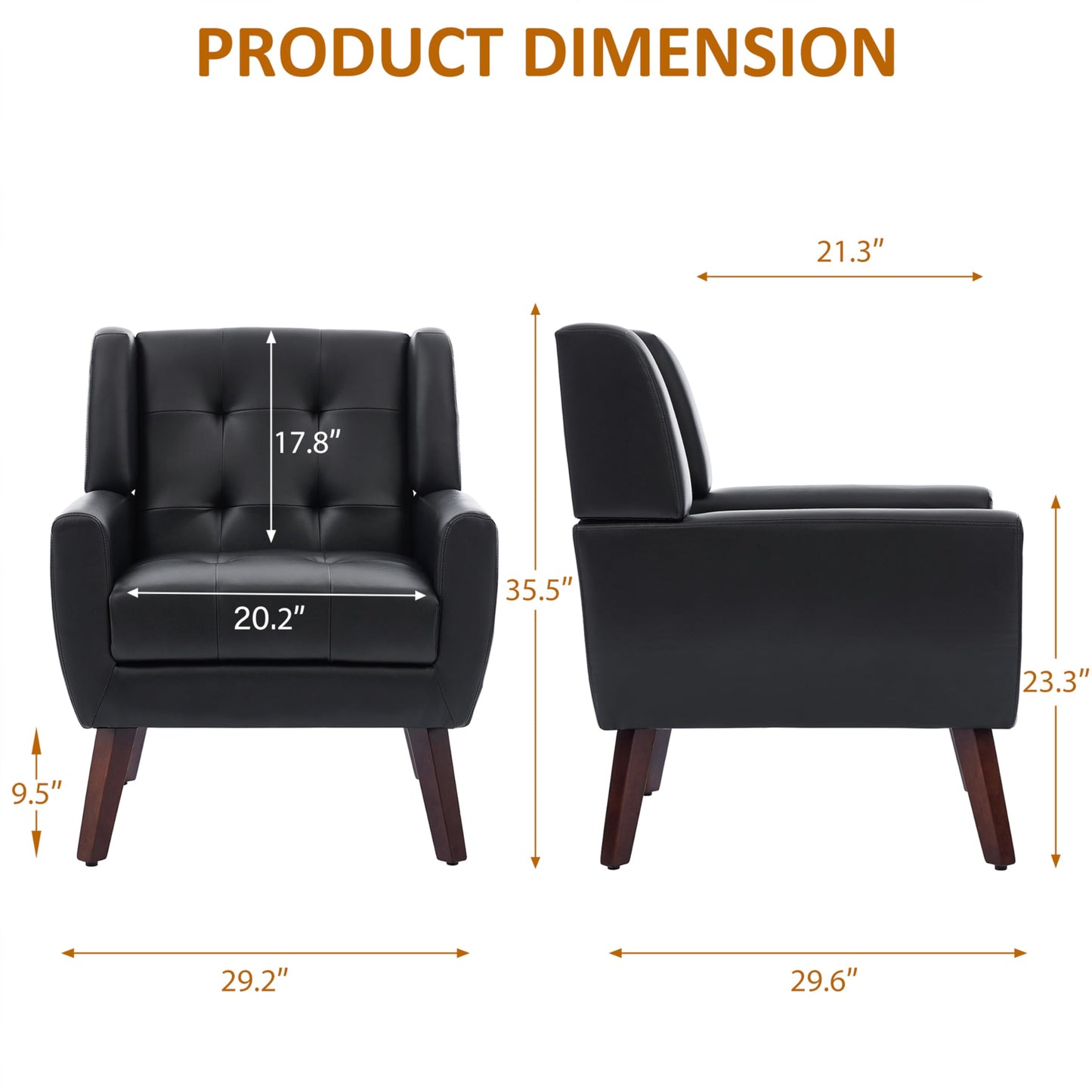 Faux Leather Accent Chairs Set of 2, Mid-Century Modern Upholstered Armchair, Comfy Living Room Chairs Reading Chairs with Button Tufted Back & Solid Wood Legs for Bedroom, Office, Black