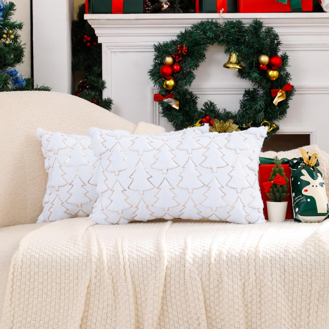 VAKADO Christmas Throw Pillow Covers 18x18 Set of 2 Embroidered Decorative Xmas Couch Cushion Cases Holiday Soft Home Decor for Bedroom Sofa Chair Porch Winter, Cream
