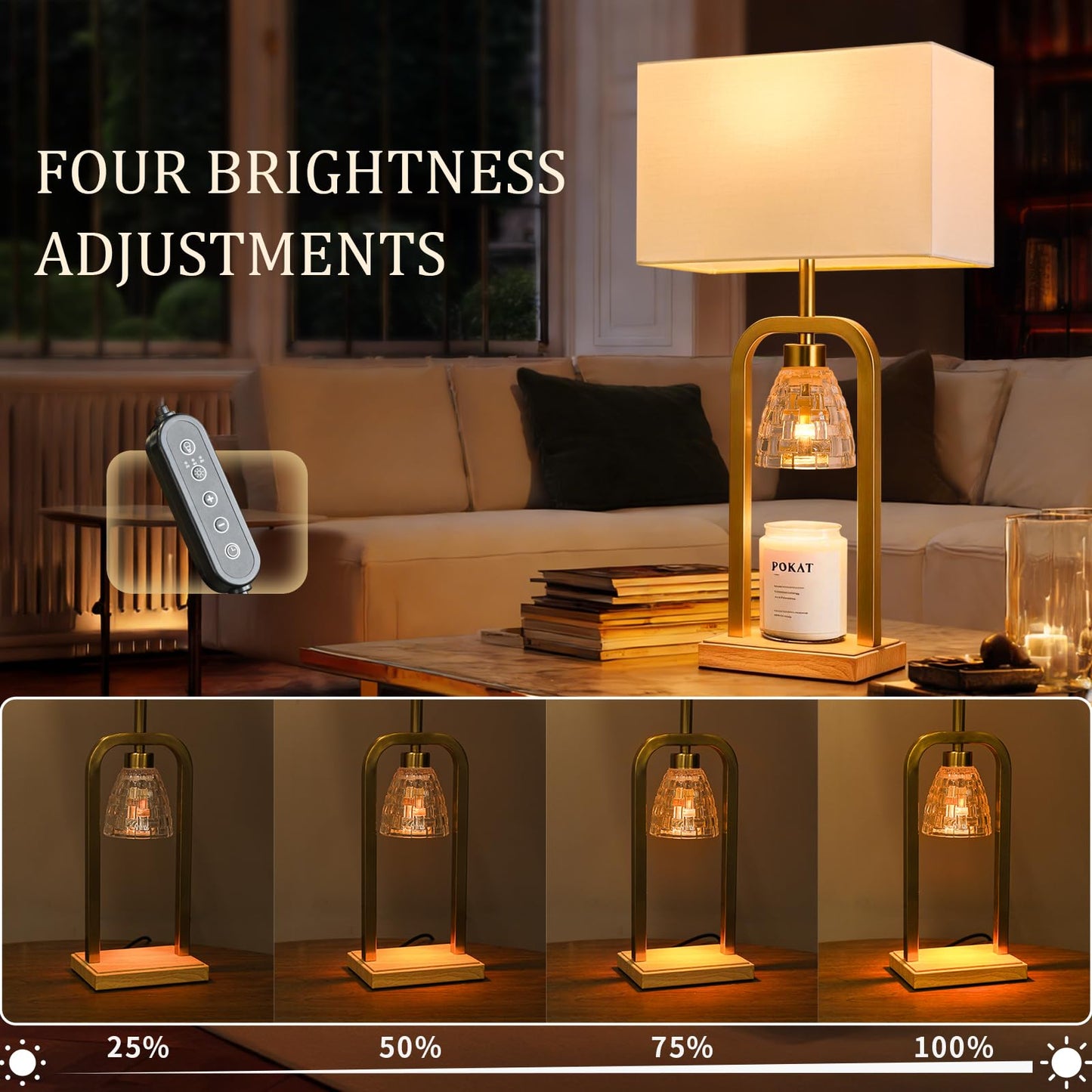 PoKat Gold Table Lamp Candle Warmer, Candle Warmer Lamp with Timer Dimmer, Wax Light Warming Table Lamp for Jar Candles, Modern Bedside Lamp for House Warming Home Decor Living Room, Bulb Included