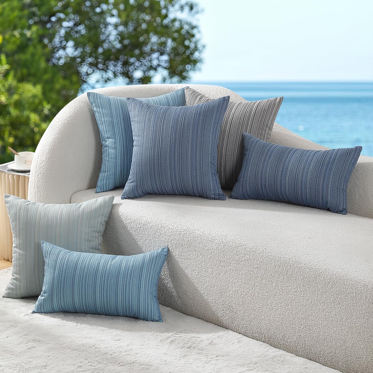 VAKADO Outdoor Waterproof Throw Pillow Covers 18x18 Set of 2 Decorative Outside Patio Furniture Cushion Cases Decor for Garden Bench Porch Couch Tent Chair Stripe Blue