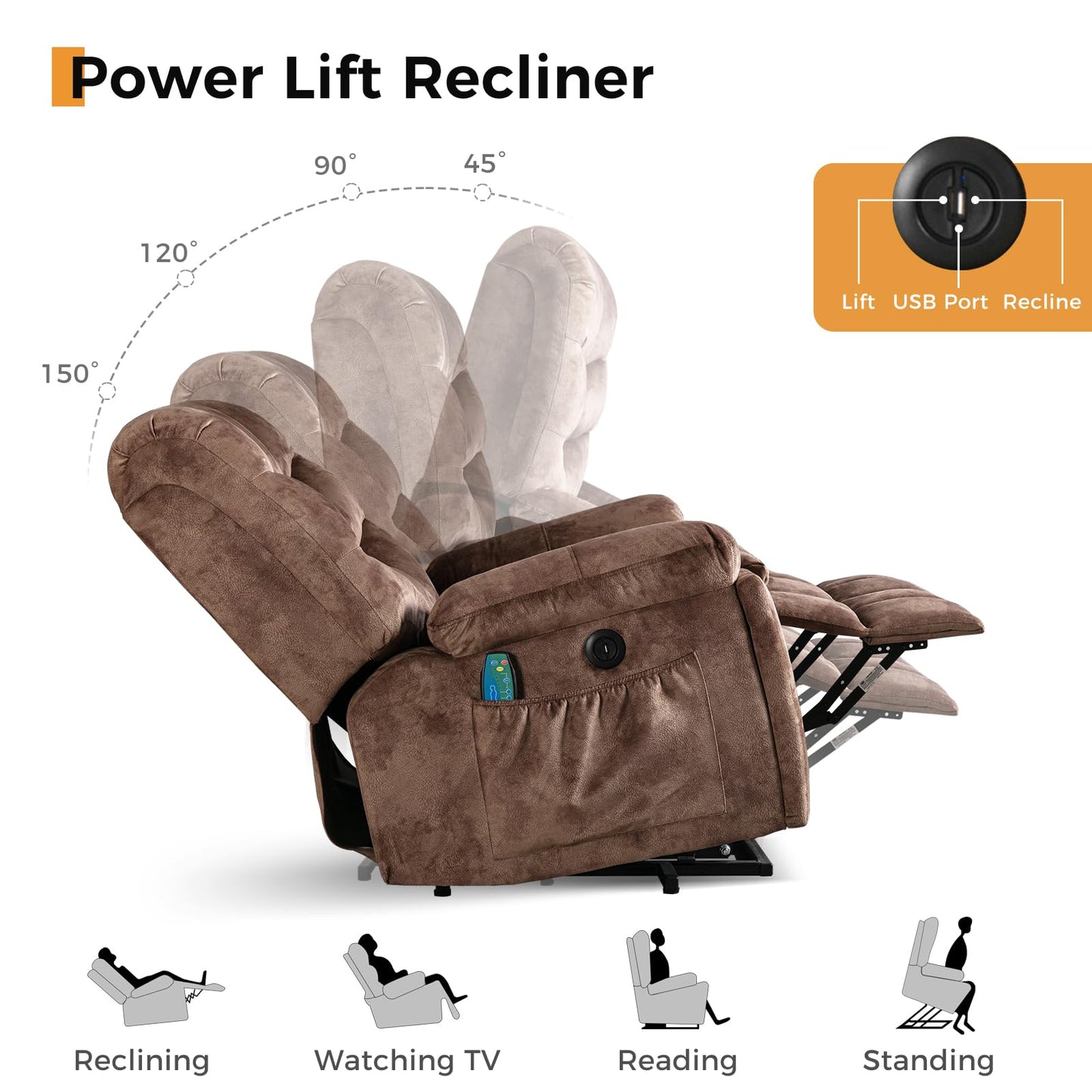 IOMOR Large Power Lift Recliner with Massage and Heat for Elderly, Heavy Duty & Safety Motion Reclining Mechanism, Ergonomic Electric Wider Chair with USB Port, 2 Hidden Cup Holders (1, Brown)