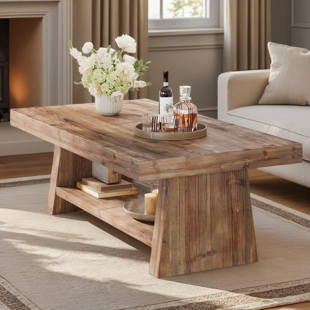 Solid Wood Coffee Table, 47-Inch Farmhouse Wooden Coffee Table for Living Room, 2-Tier Rectangular Center Table with Storage for Apartment, Home Office, Dark Brown