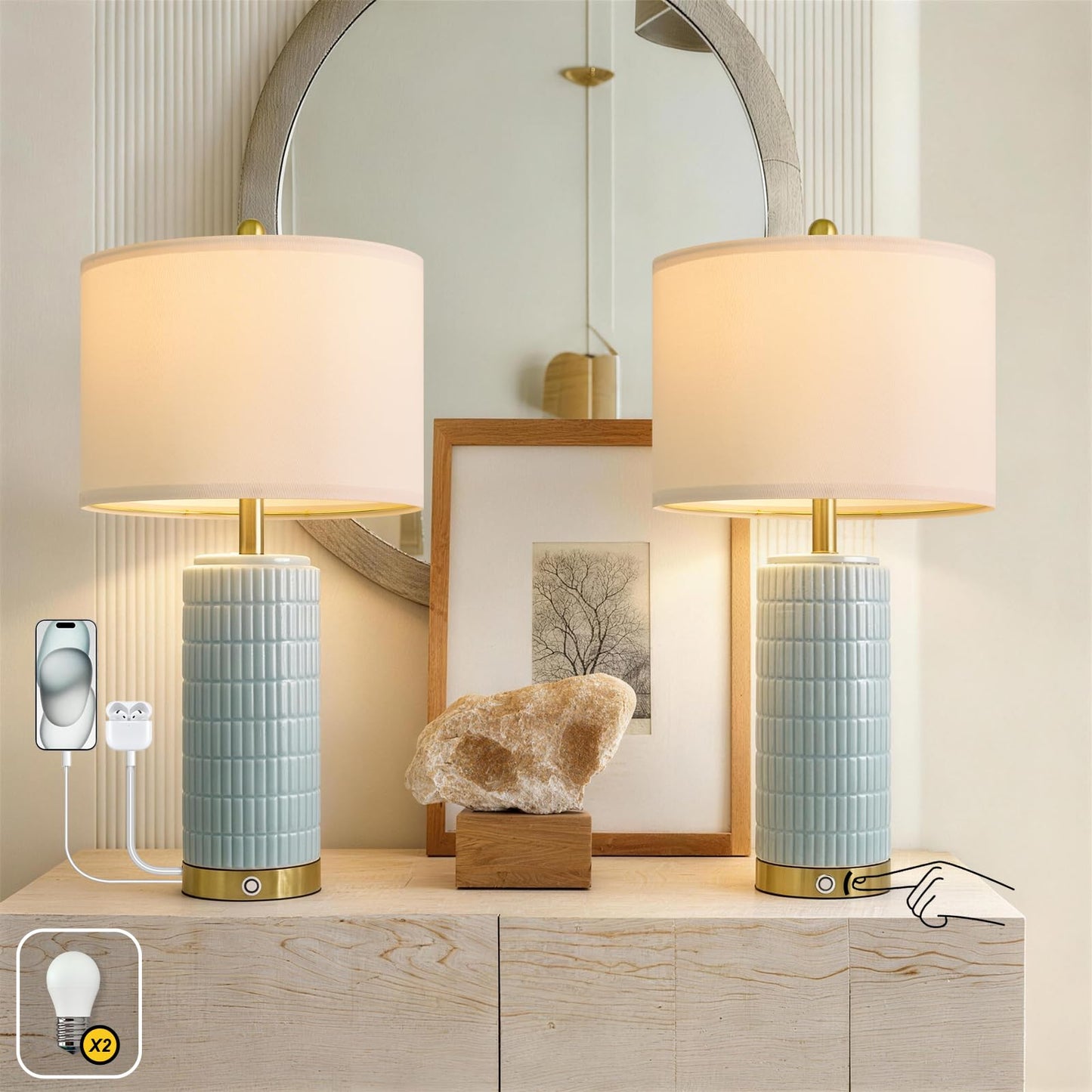 PoKat Touch Bedside Table Lamps with USB Ports for Bedroom Living Room, 25'' Dimmable Nightstand Touch Lamps for Living Room, Modern Ceramic Lamps for Night Stands Bedroom, Office, White and Beige