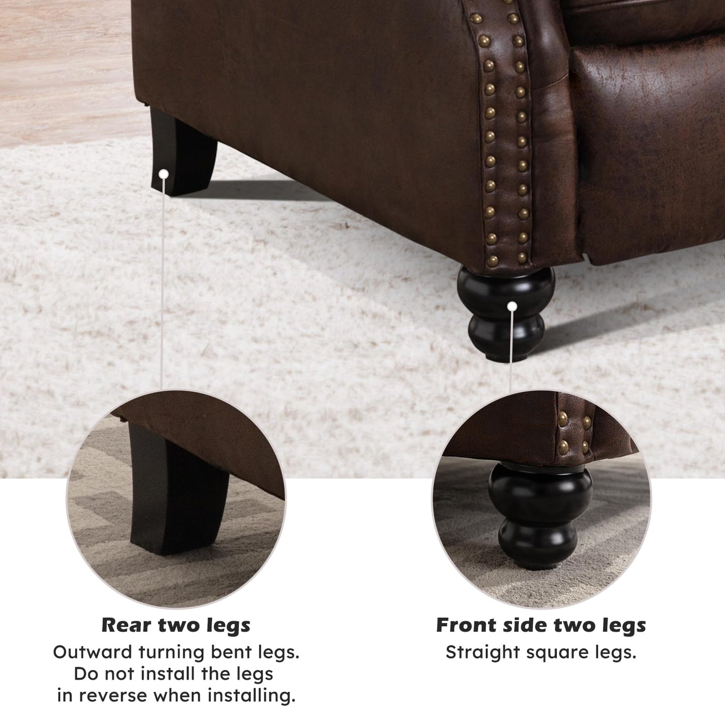 IOMOR Push Back Recliner Chair Faux Leather Lounge Armchair with Rivet Decoration Wingback Single Sofa Chair with Padded Seat Solid Wood Legs for Living Room, Comfy Upholstered, Red Brown