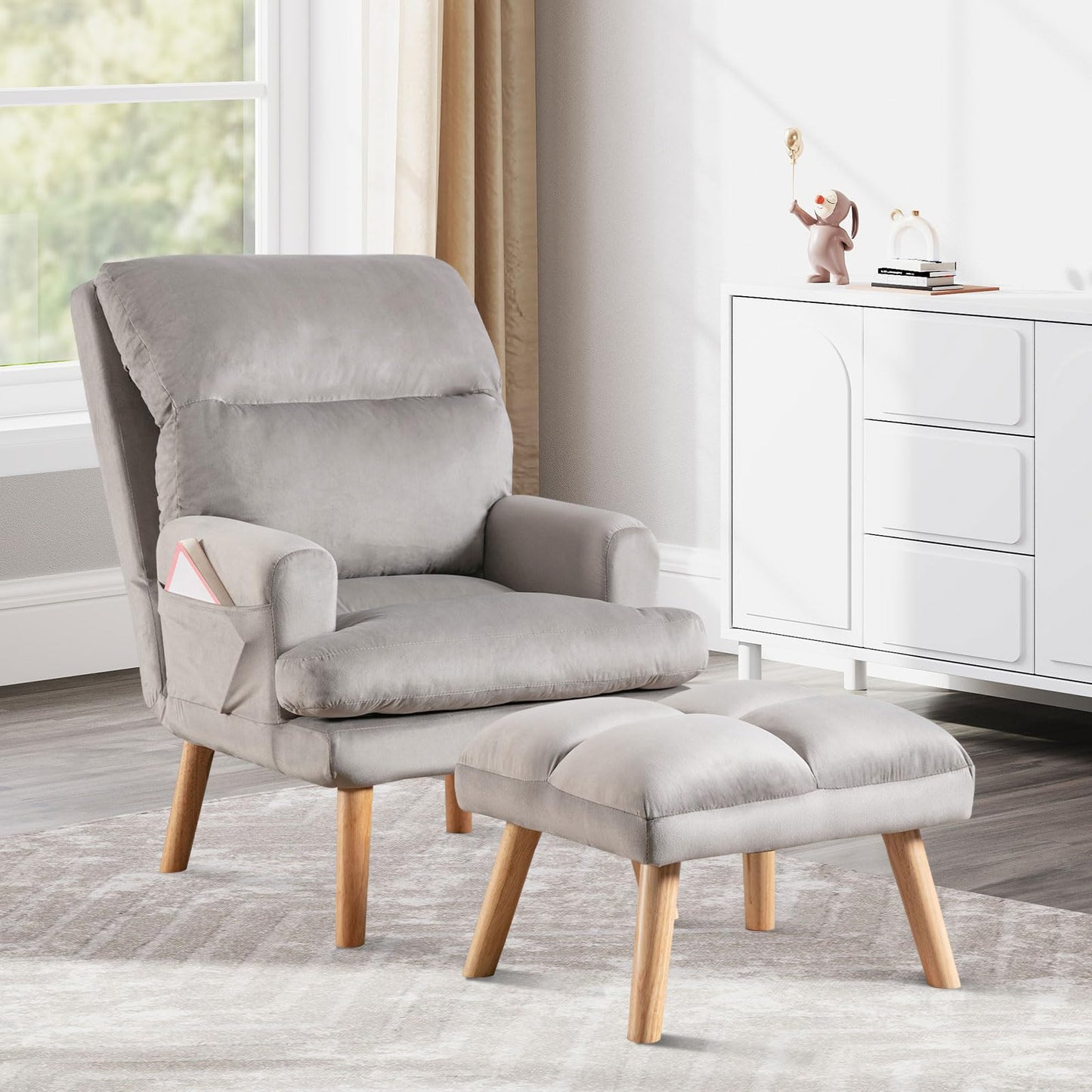 IOMOR Accent Chair with Ottoman Comfy Reading Chair Armchair with Adjustable Backrest and Side Pockets Soft Fabric Leisure Sofa for Bedroom, Living Room, Dorm Rooms, Garden, Beige