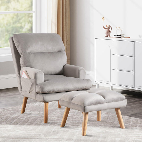 IOMOR Accent Chair with Ottoman Comfy Reading Chair Armchair with Adjustable Backrest and Side Pockets Soft Fabric Leisure Sofa for Bedroom, Living Room, Dorm Rooms, Garden, Beige