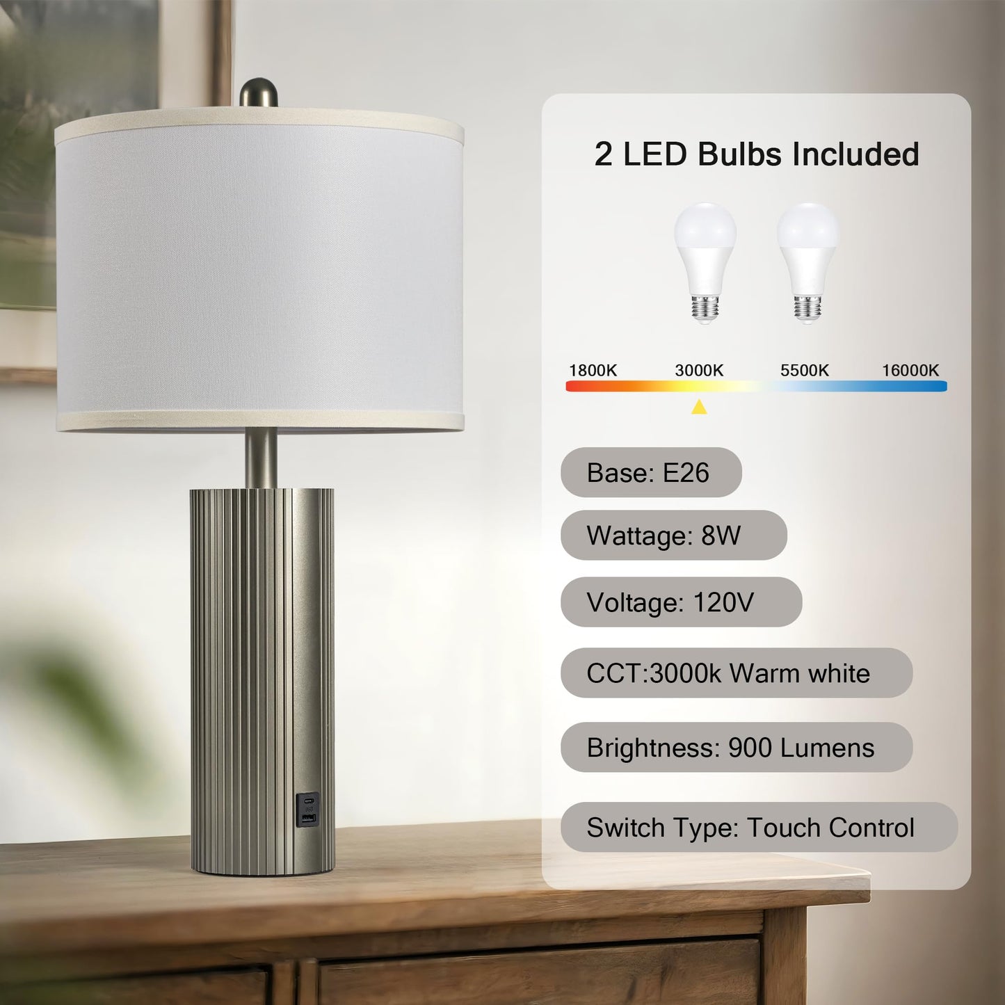 24.5" Black Lamps Set of 2, Modern Table Lamps for Living Room with USB C+A Ports, Creative Stripe Touch Lamps for Nightstand, 2 Bulbs Included