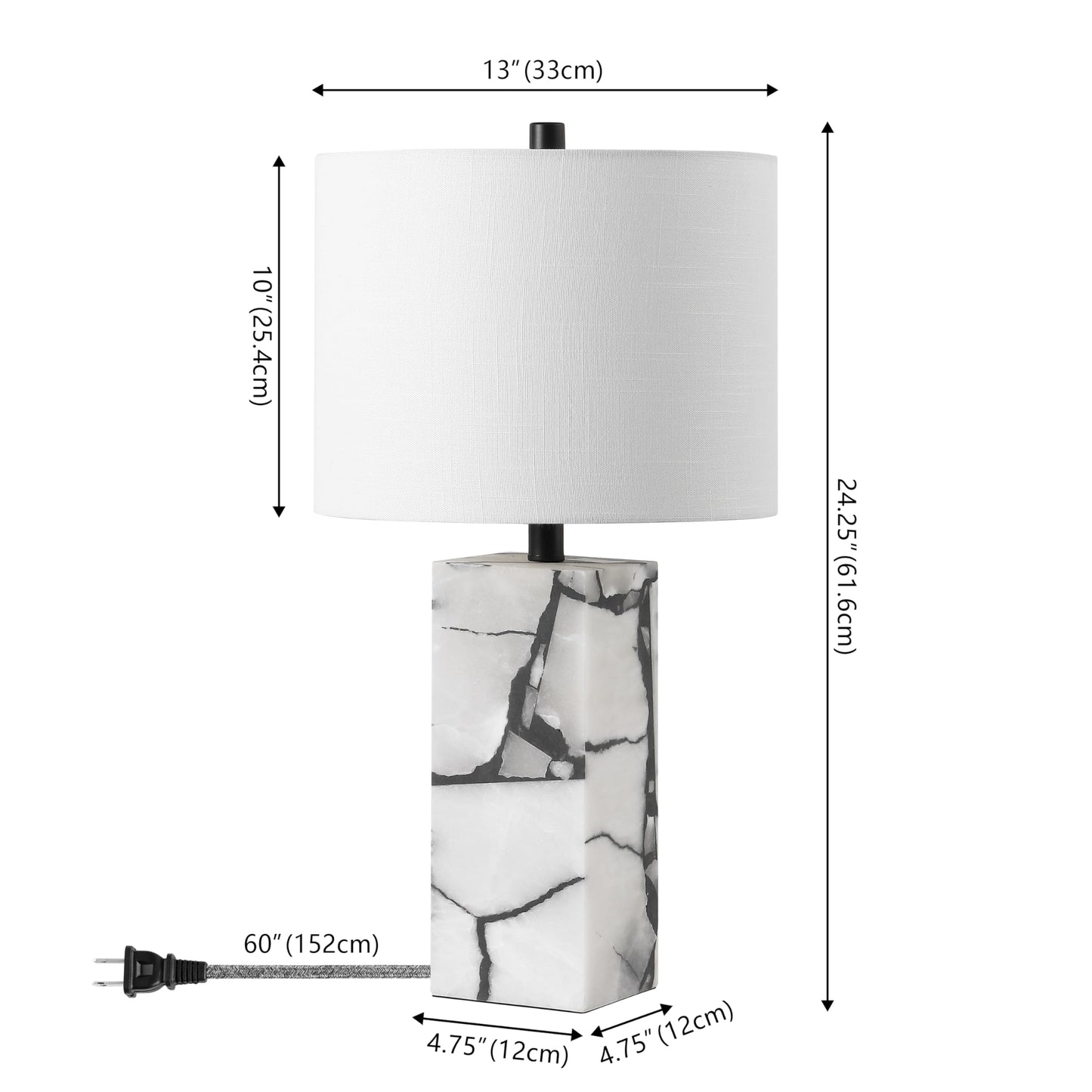JONATHAN Y 24.25" Black/White Modern Alabaster LED Table Lamp for Home Decor, White Linen Shade, Coastal Nightstand Lamp with Built-in Base Accent Light (JYL8507A)