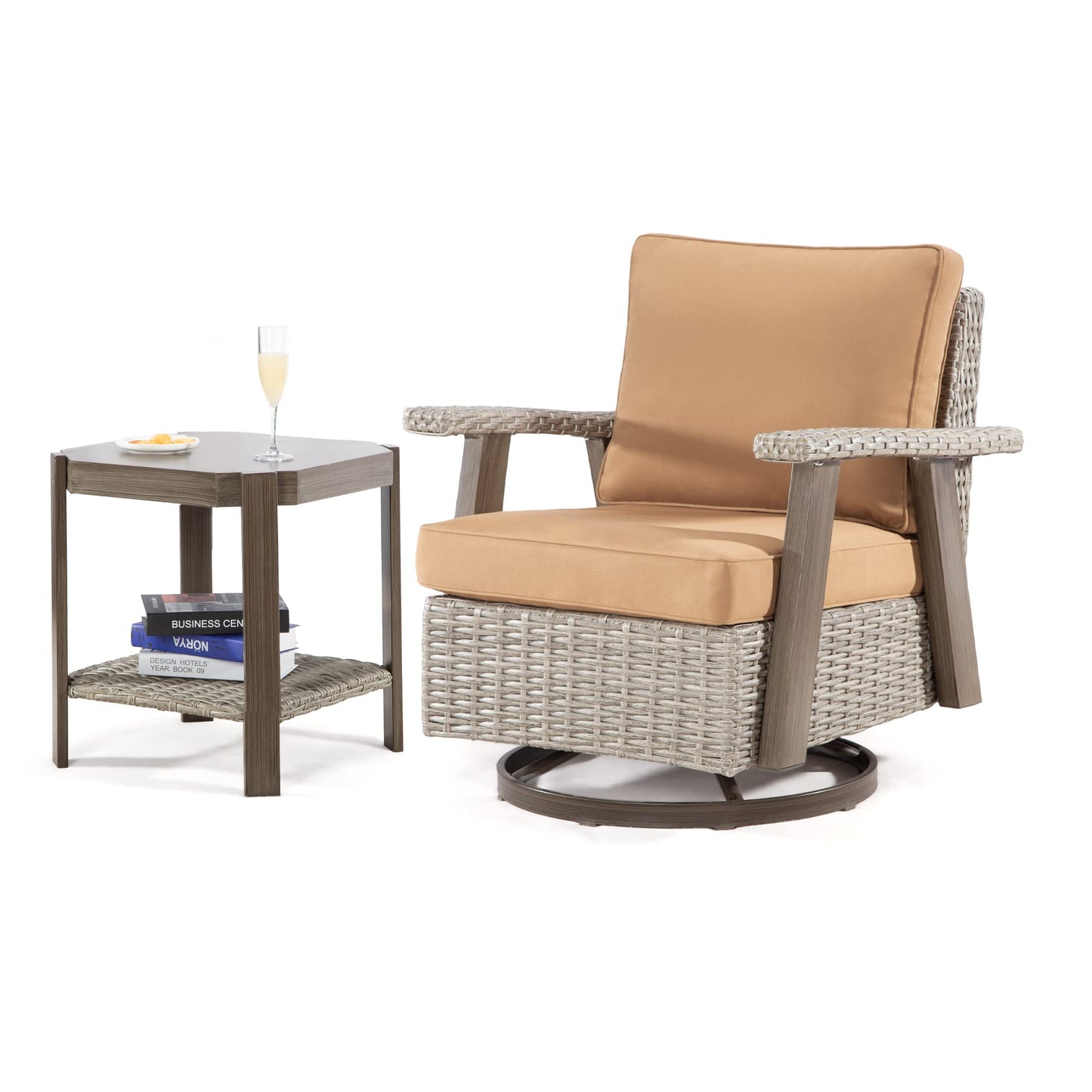 Joyside Patio Chair - Outdoor 360 Degree Swivel Rocker Chair with Durable Fabric Cushion and Ergonomic Structure, Patio Wicker Dining Chair(Grey/Dark Blue)