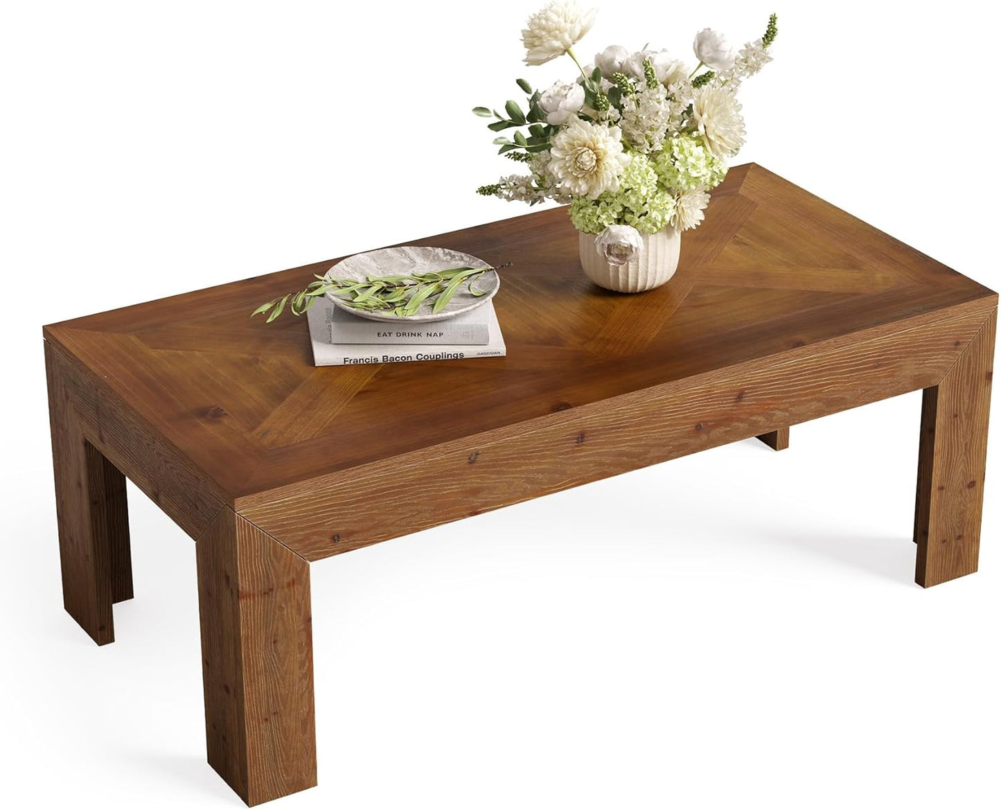 Rectangular Coffee Table, 47-Inch Solid Wood Living Room Coffee Table, Mid Century Modern Center Cocktail Table for Living Room, Apartment, Office, Antique Brown