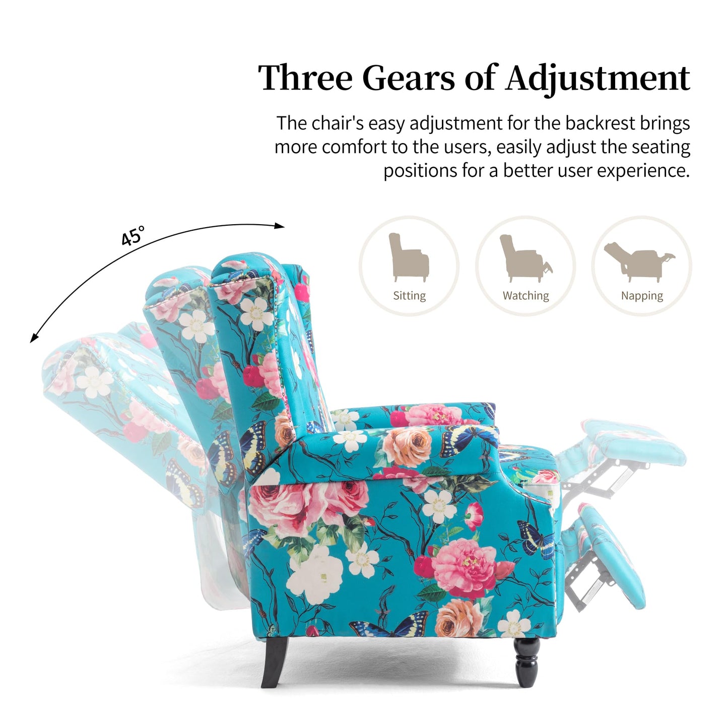 Pushback Recliner Chair, Printed Fabric Wingback Recliner Chair for Living Room, Upholstered Armchair Push Back Recliner with Wood Legs, Rivet Trim Wingback Accent Chair for Bedroom, Navy