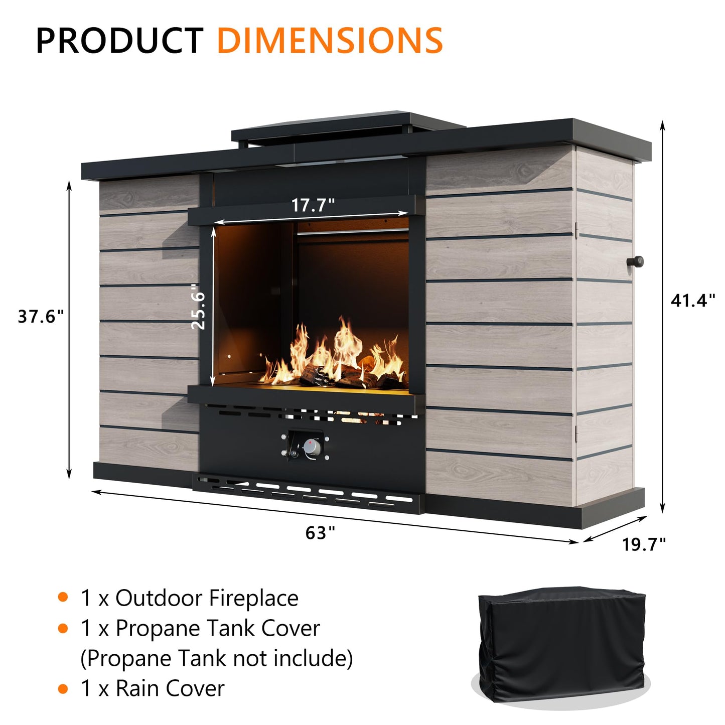 47.3''x35.5'' Outdoor Propane Fireplace, 50,000 BTU Vent-Free Gas Heater, CSA Certified Grey & Black Weather-Resistant Steel, Realistic Ceramic Logs, Rain Cover Included