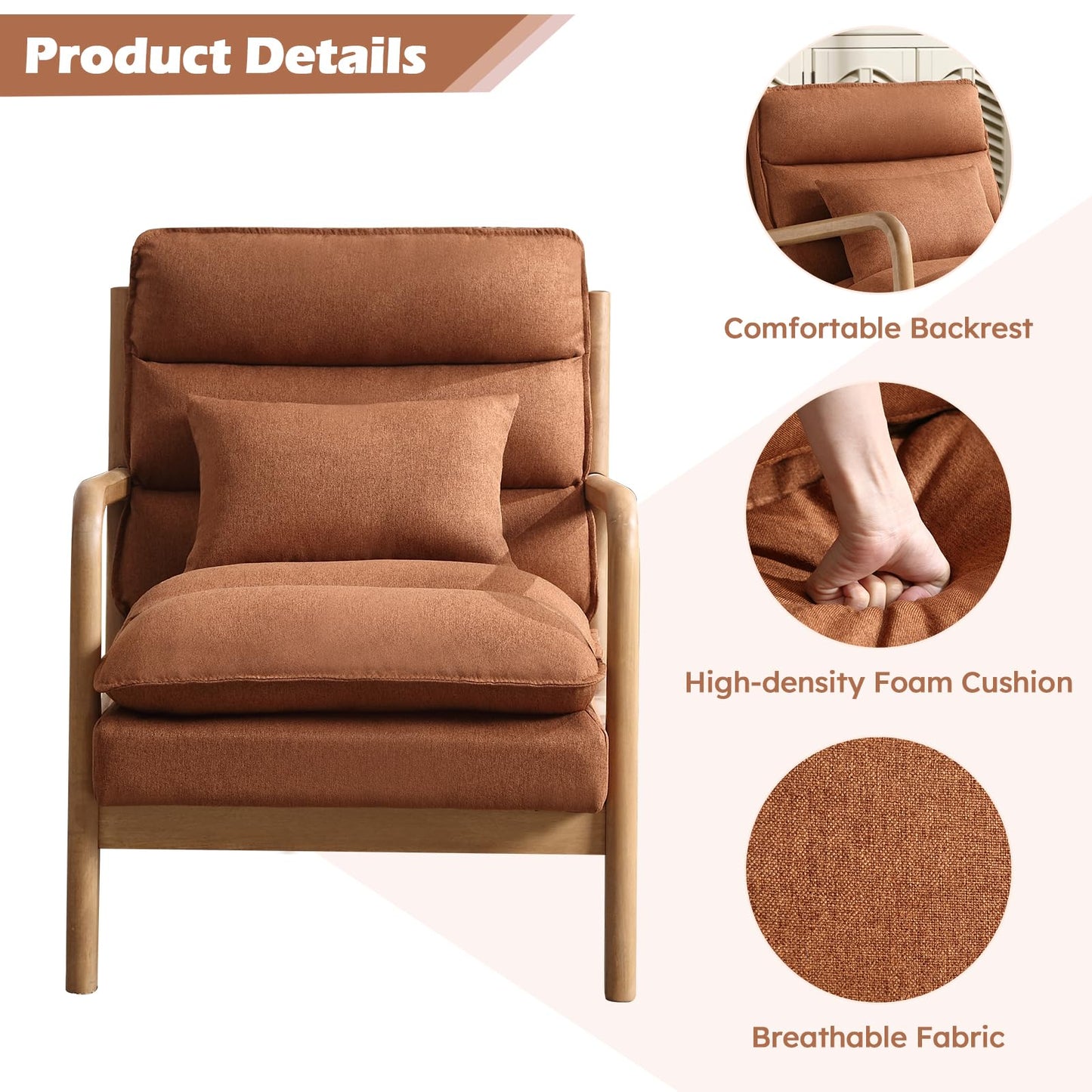 IOMOR Mid Century Modern Accent Chair, Upholstered Lounge Armchair with Plump Back Pillow, Comfy Reading Chair with Solid Wood Frame for Bedroom Living Room, Brown