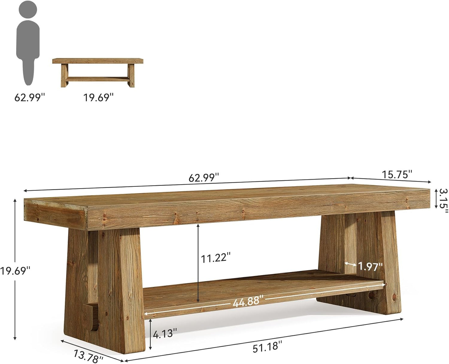 63'' Solid Wood Entryway Bench with Open Shelves, 2-Tier End of Bed Bench, Farmhouse Wooden Bench Indoor for Dining Room, Living Room, Hallway, Bedroom