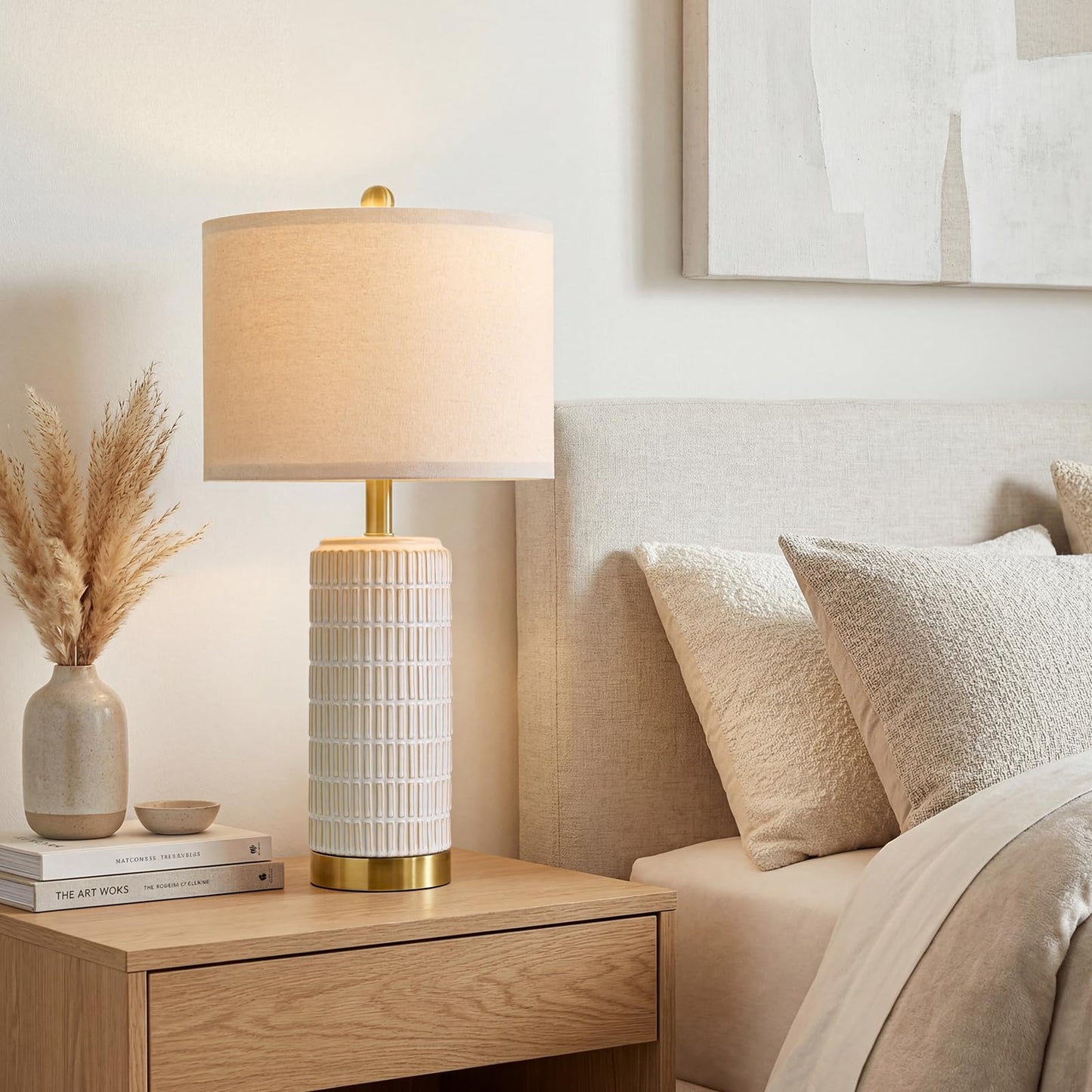 PoKat Small Bedside Table Lamps Set of 2 for Bedroom Living Room, 21.5'' Modern Ceramic Nightstand Lamps with Gold Base, Farmhouse Table Lamps for Office End Side Table Console, White and Beige