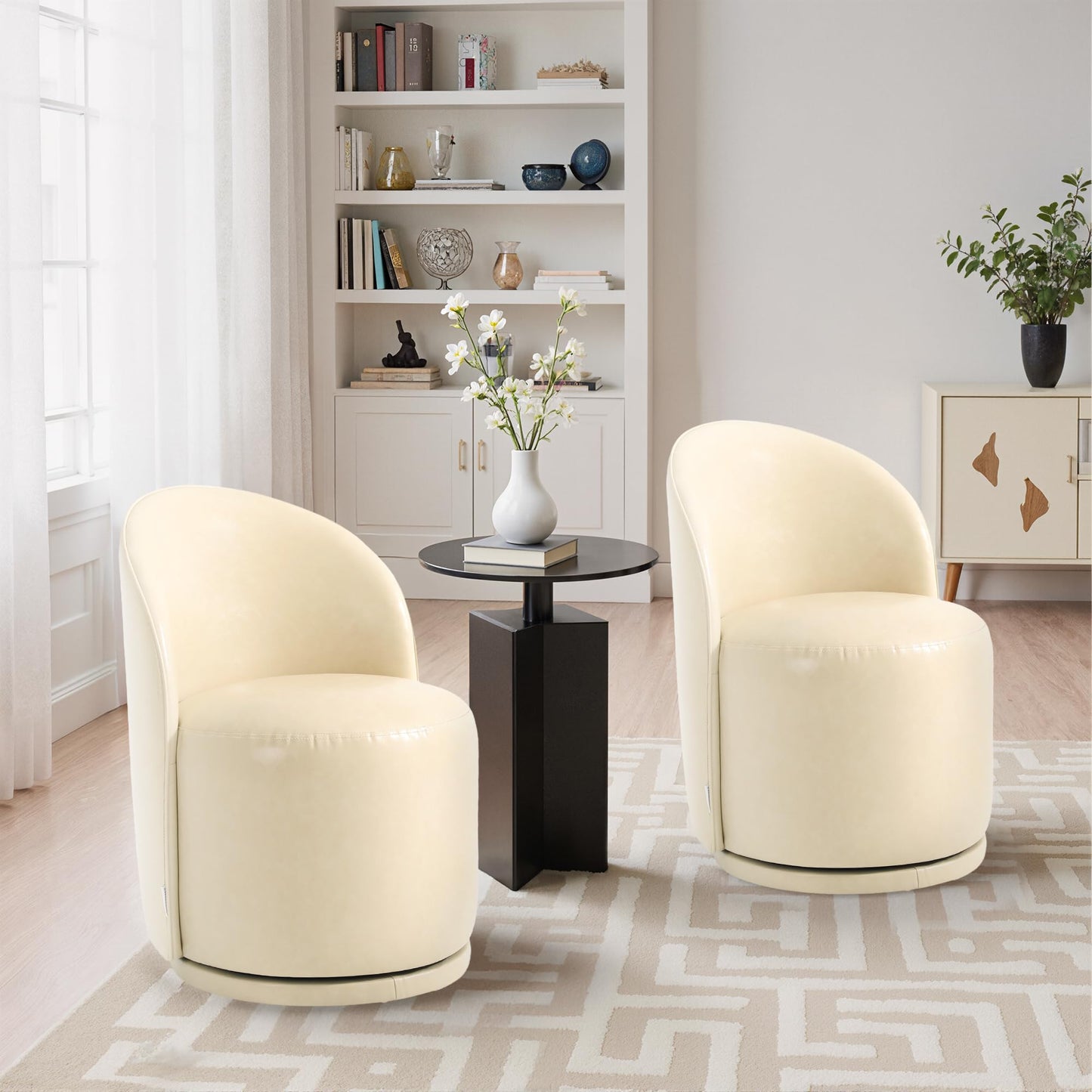 Swivel Barrel Dining Chairs Set of 2, Faux Leather Upholstered Round Dining Chairs, 360° Swivel Vanity Chair Comfy Armless Accent Makeup Chair for Dining/Living Room Makeup Room, Brown