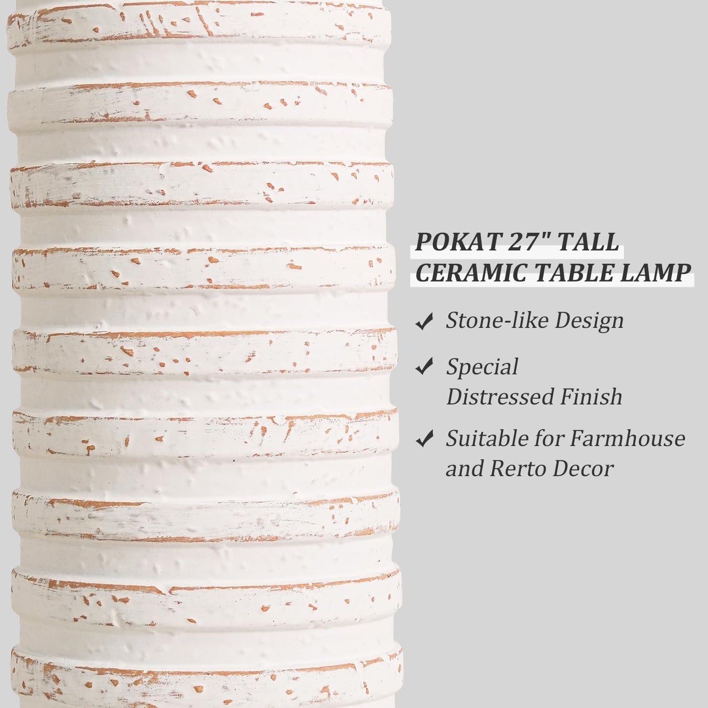PoKat 27'' Farmhouse Table Lamps Set of 2 for Living Room, Stone-Like Bedside Lamp for Bedroom, Boho Ceramic Tall Lamps for Nightstand Office Sideboard Entryway Distressed (Antique Beige)