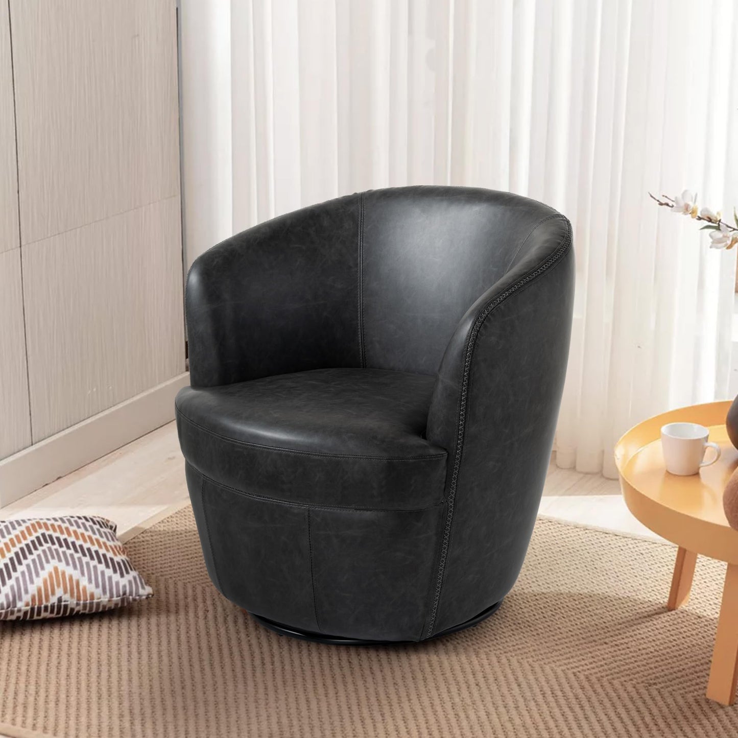 360° Swivel Barrel Accent Chair, Faux Leather Round Swivel Chair for Living Room, Comfy Upholstered Armchair Single Sofa Club Chair for Bedroom Reading Room, No Assembly Required - Light Brown