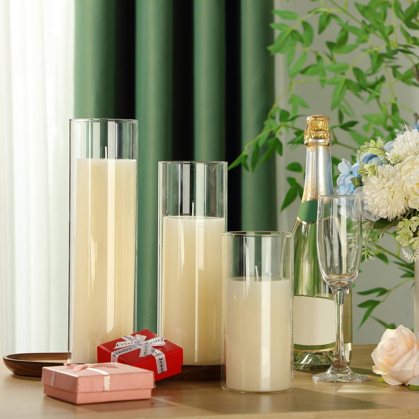 Shihanee Set of 3 Pillar Candles and 3 Glass Cylinder Candle Vases Holders Clear Pillar Jars for Wedding Centerpieces(3'' x 5.9'', 7.9'', 9.8'',Ivory White)
