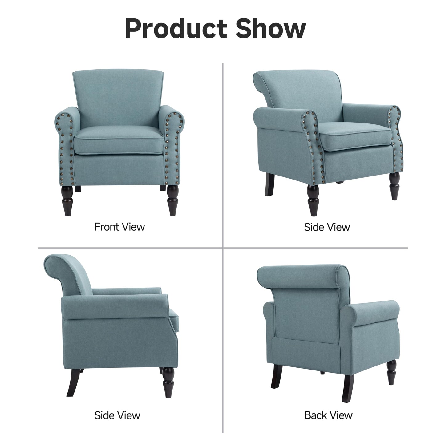 Wingback Accent Chairs Set of 2, Mid-Century Modern Upholstered Armchair Living Room Chair with Nailhead Trim & Rolled Armrest, Comfy Lounge Chair Single Sofa Chair for Bedroom, Light Blue