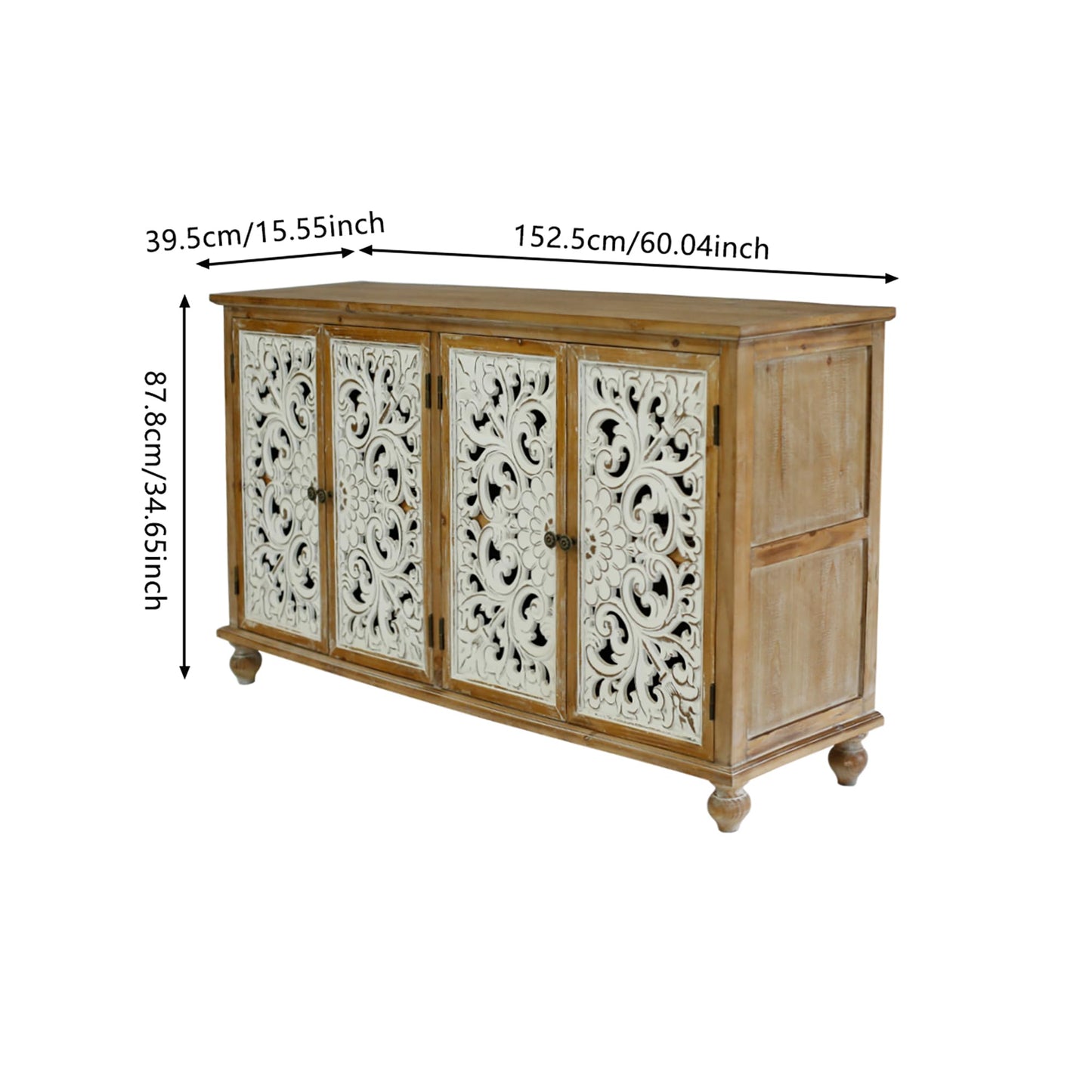 LKTART 60" Farmhouse Sideboard Buffet,Solid Fir Wood Frame with Hollowed-Out Carved Doors,Hand-Distressed Design,Versatile Storage Cabinet for Kitchen, Living Room,Natural Wood