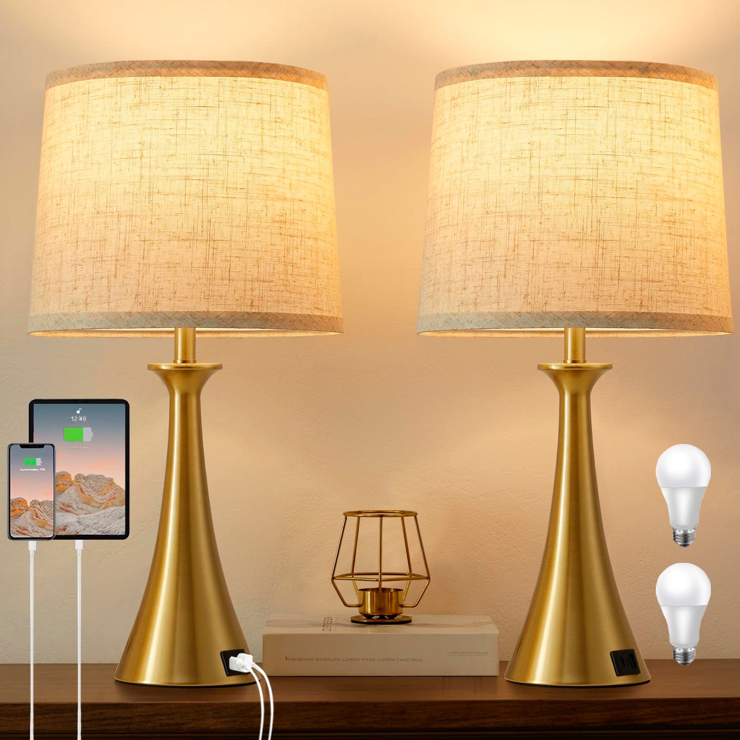 Touch Lamp for Living Room Bedroom, 21" Table Lamps Set of 2 with USB C+A Ports, Touch Bedside Lamps for Nightstand with 3 Way Dimmable, 2 LED Bulbs Included, Black