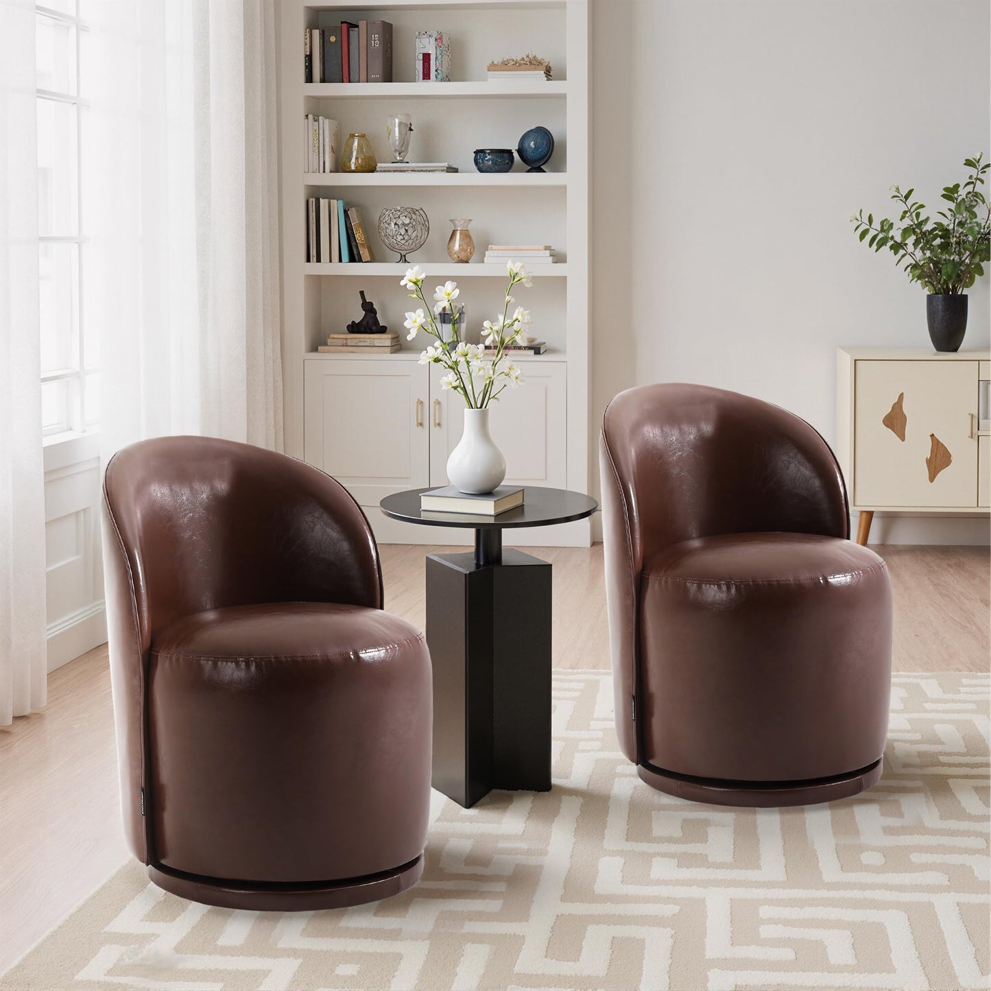 Swivel Barrel Dining Chairs Set of 2, Faux Leather Upholstered Round Dining Chairs, 360° Swivel Vanity Chair Comfy Armless Accent Makeup Chair for Dining/Living Room Makeup Room, Brown