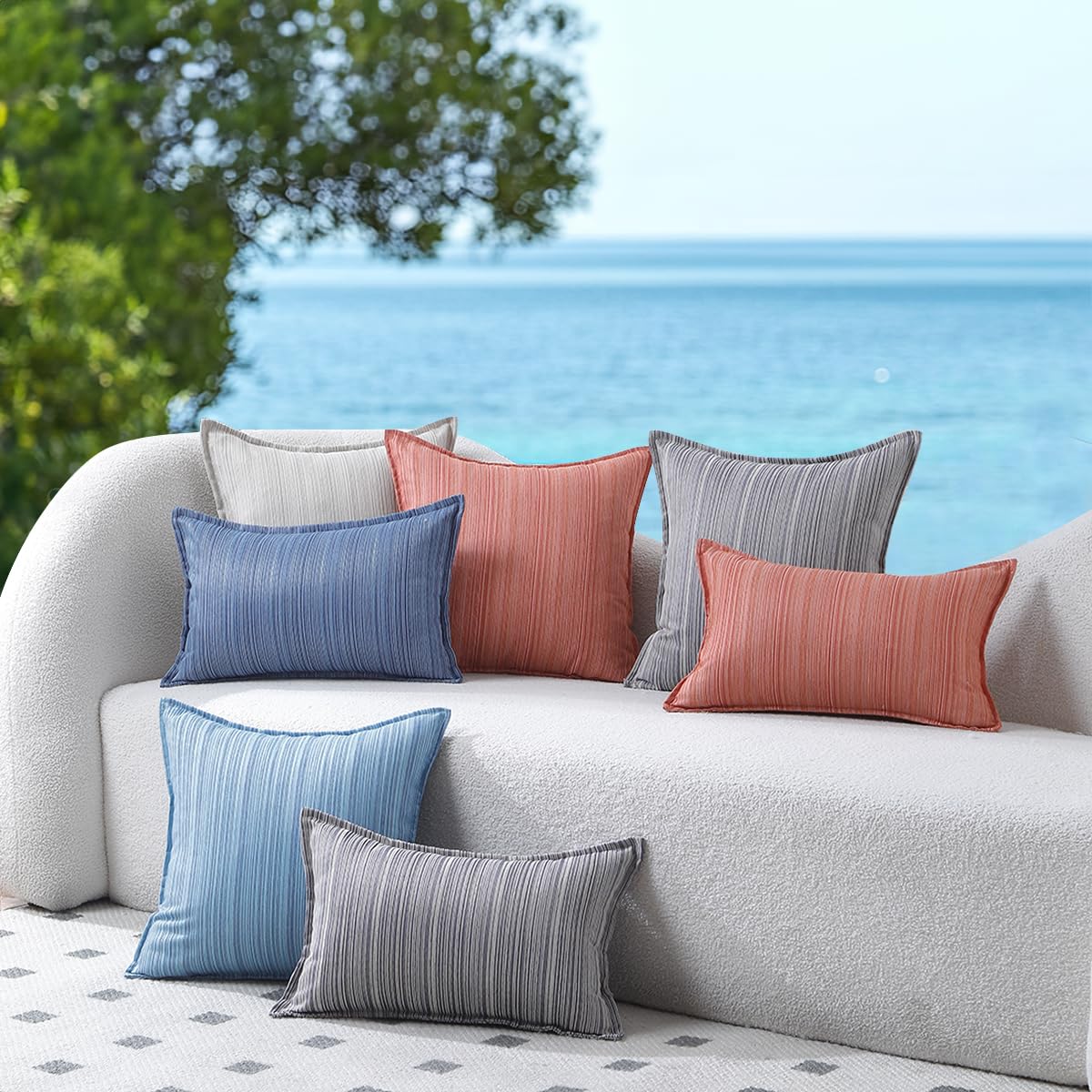 VAKADO Outdoor Waterproof Throw Pillow Covers 18x18 Set of 2,Chenille UV Decorative with Hem Patio Furniture Cushion Cases Decor for Bench Garden Tent Chair Seat Porch Couch,Stripe Beige
