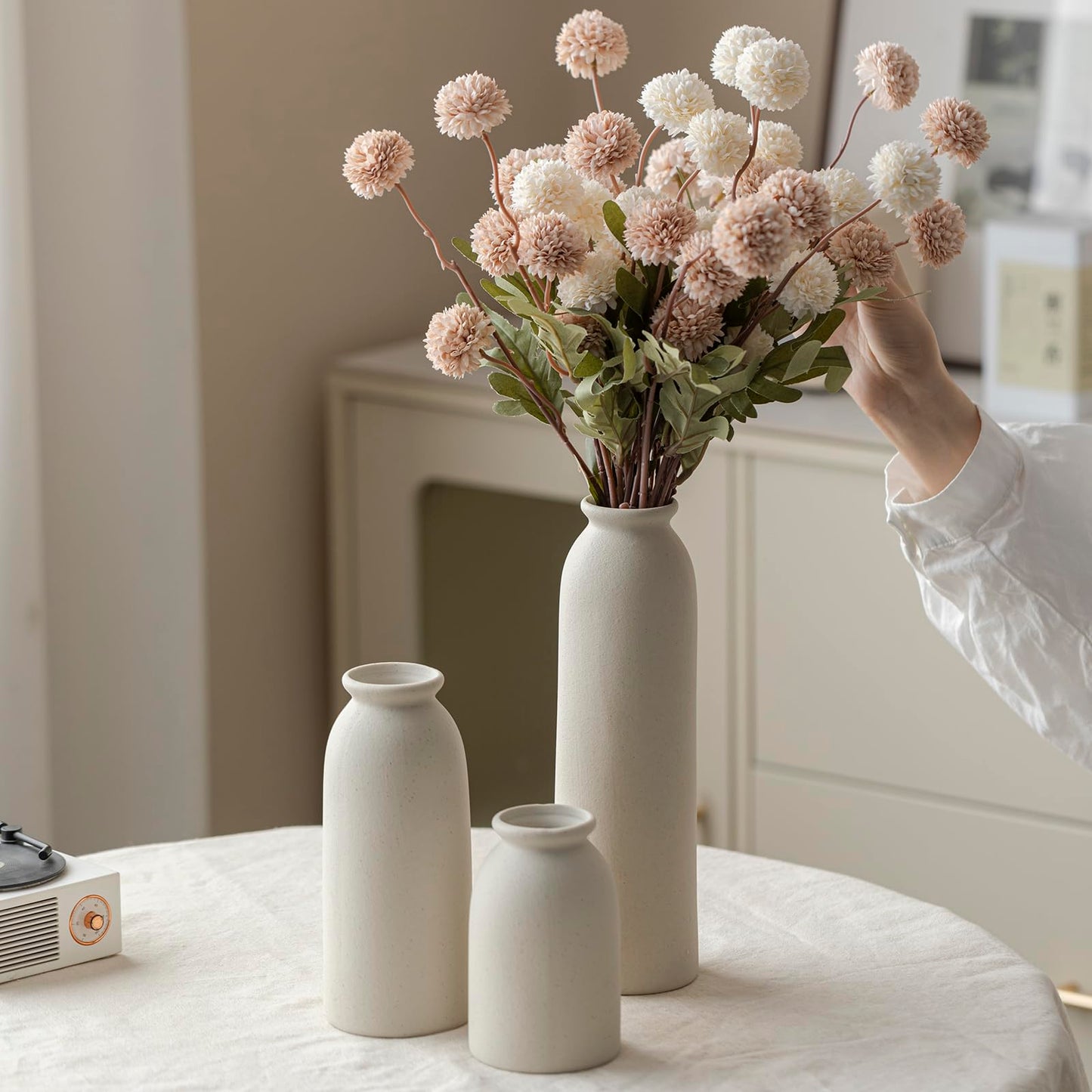 Ceramic Vase Set-3, Small Flower Vases for Decor, Modern Boho Farmhouse Style, Decorative Vases for Pampas Grass & Dried Flowers, Distressed Finish (Beige)