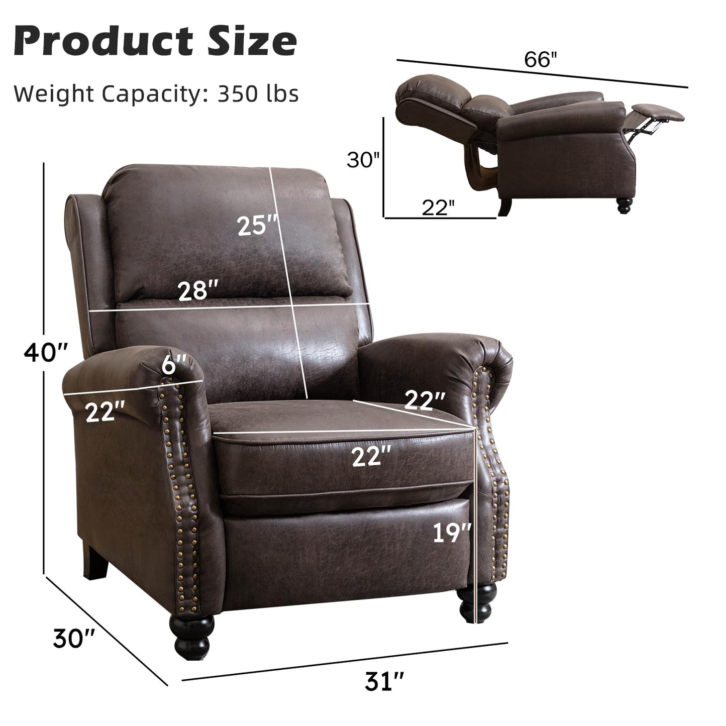 IOMOR Push Back Recliner Chair Faux Leather Lounge Armchair with Rivet Decoration Wingback Single Sofa Chair with Padded Seat Solid Wood Legs for Living Room, Comfy Upholstered, Red Brown