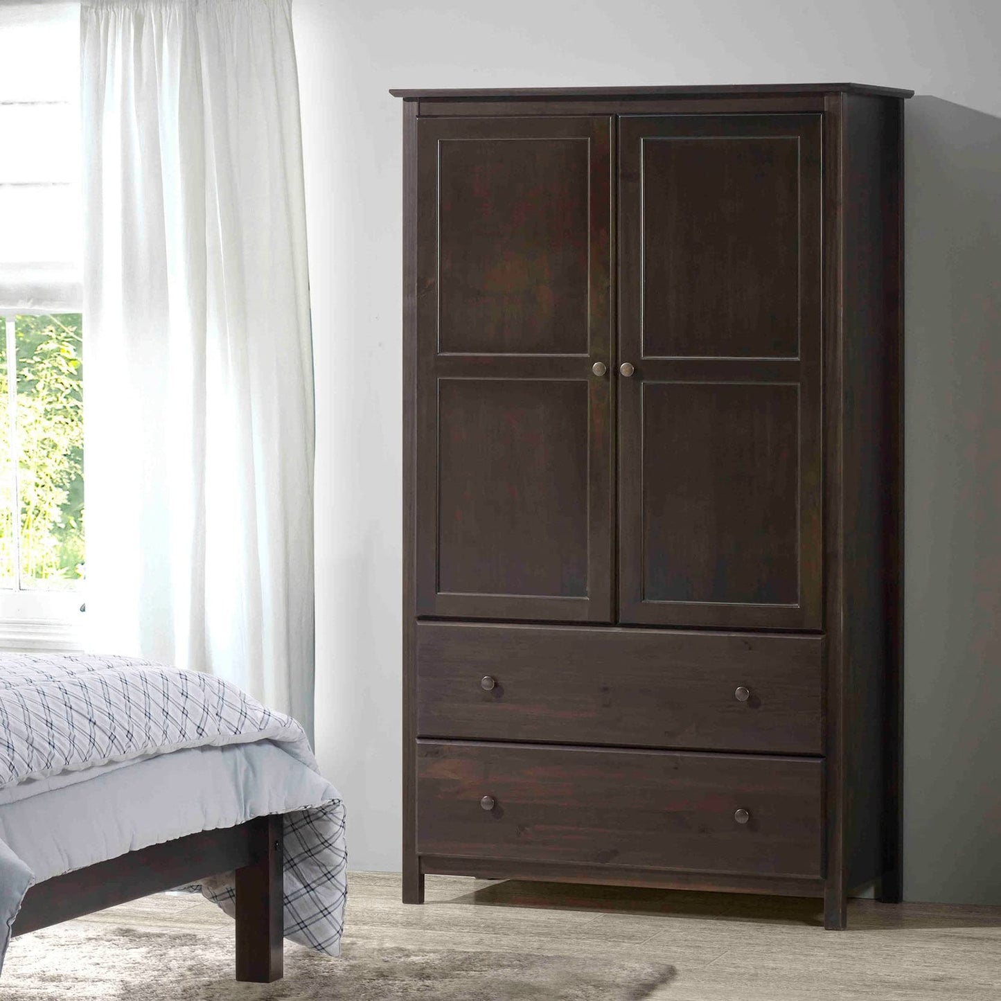Grain Wood Furniture Shaker 2-Door Wardrobe, Solid Wood with Walnut Finish