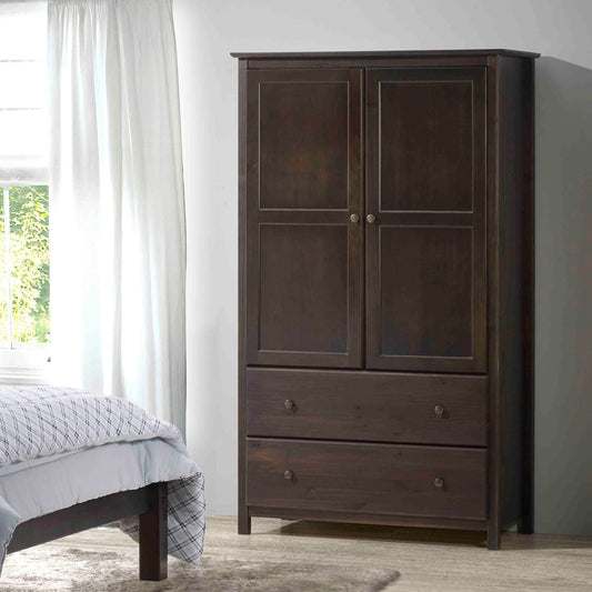 Grain Wood Furniture Shaker 2-Door Wardrobe, Solid Wood with Walnut Finish