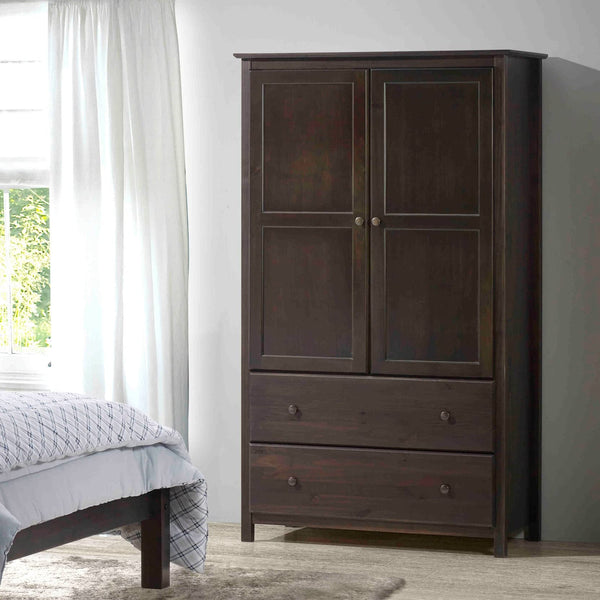 Grain Wood Furniture Shaker 2-Door Wardrobe, Solid Wood with Walnut Finish