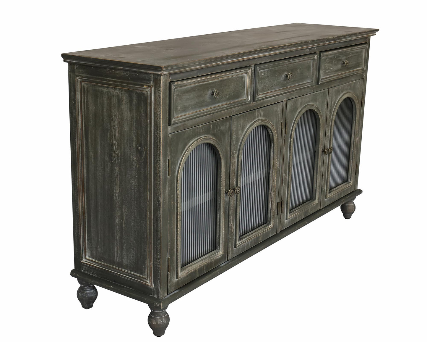 LKTART 60" Farmhouse Sideboard Buffet,Solid Fir Wood Frame with Hollowed-Out Carved Doors,Hand-Distressed Design,Versatile Storage Cabinet for Kitchen, Living Room,Natural Wood